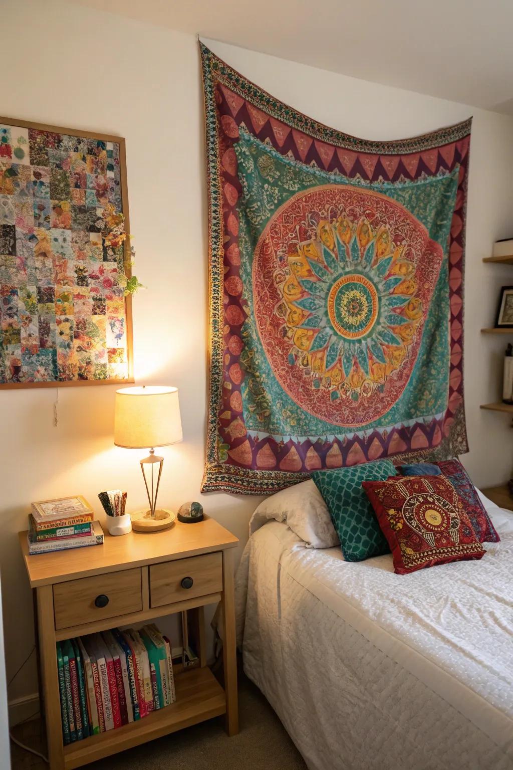 A tapestry adding texture and warmth to a corner.