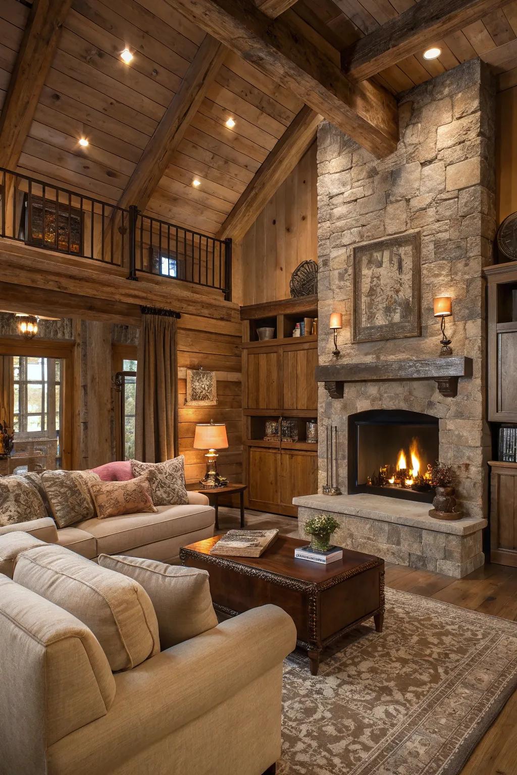 Living room featuring rustic millwork surrounding the fireplace.