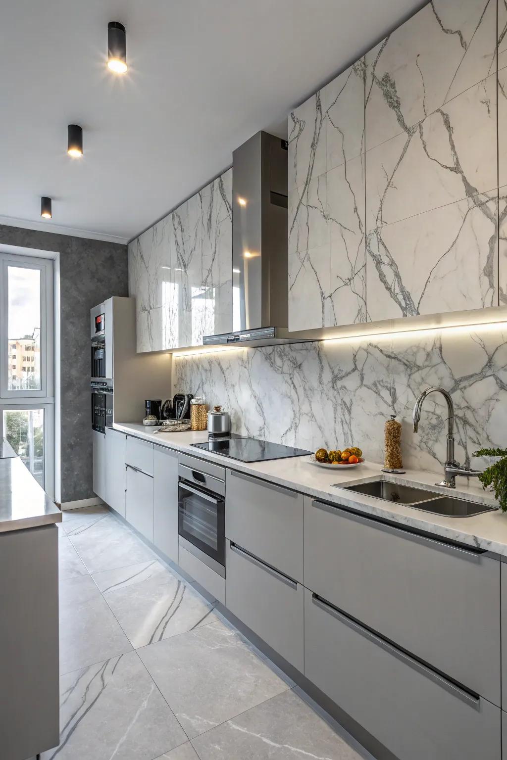 A sleek kitchen with marble effect wallpaper and cool grays.