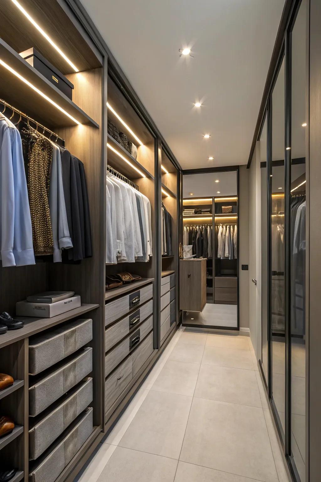 Smart storage solutions enhance organization and efficiency in the wardrobe room.