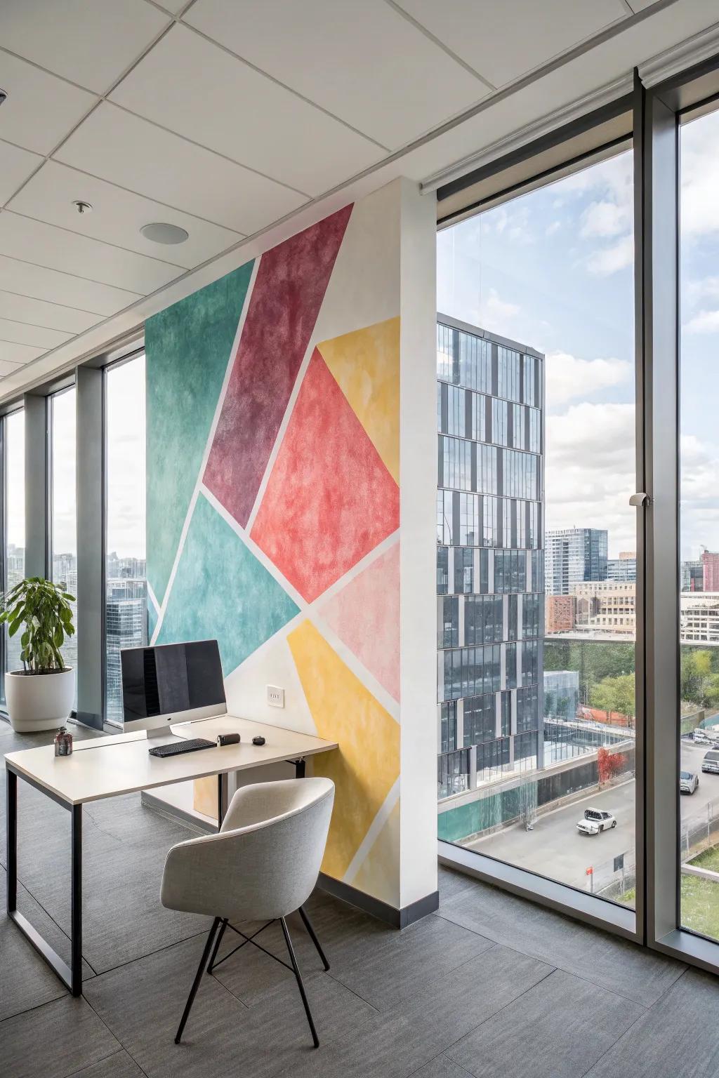 A modern geometric watercolor background adds flair to a contemporary office.