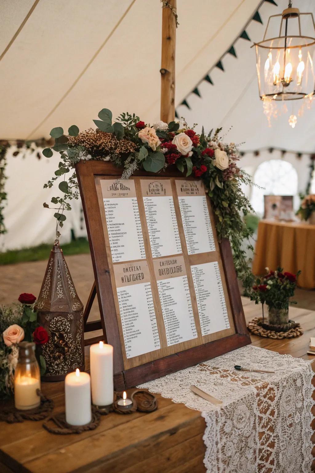 A seating chart combining leather and lace, offering a unique blend of rugged elegance for a boho wedding.