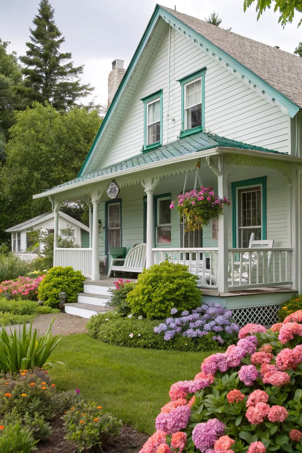 Mint green trim adds a fresh and vibrant touch to this lively white home.