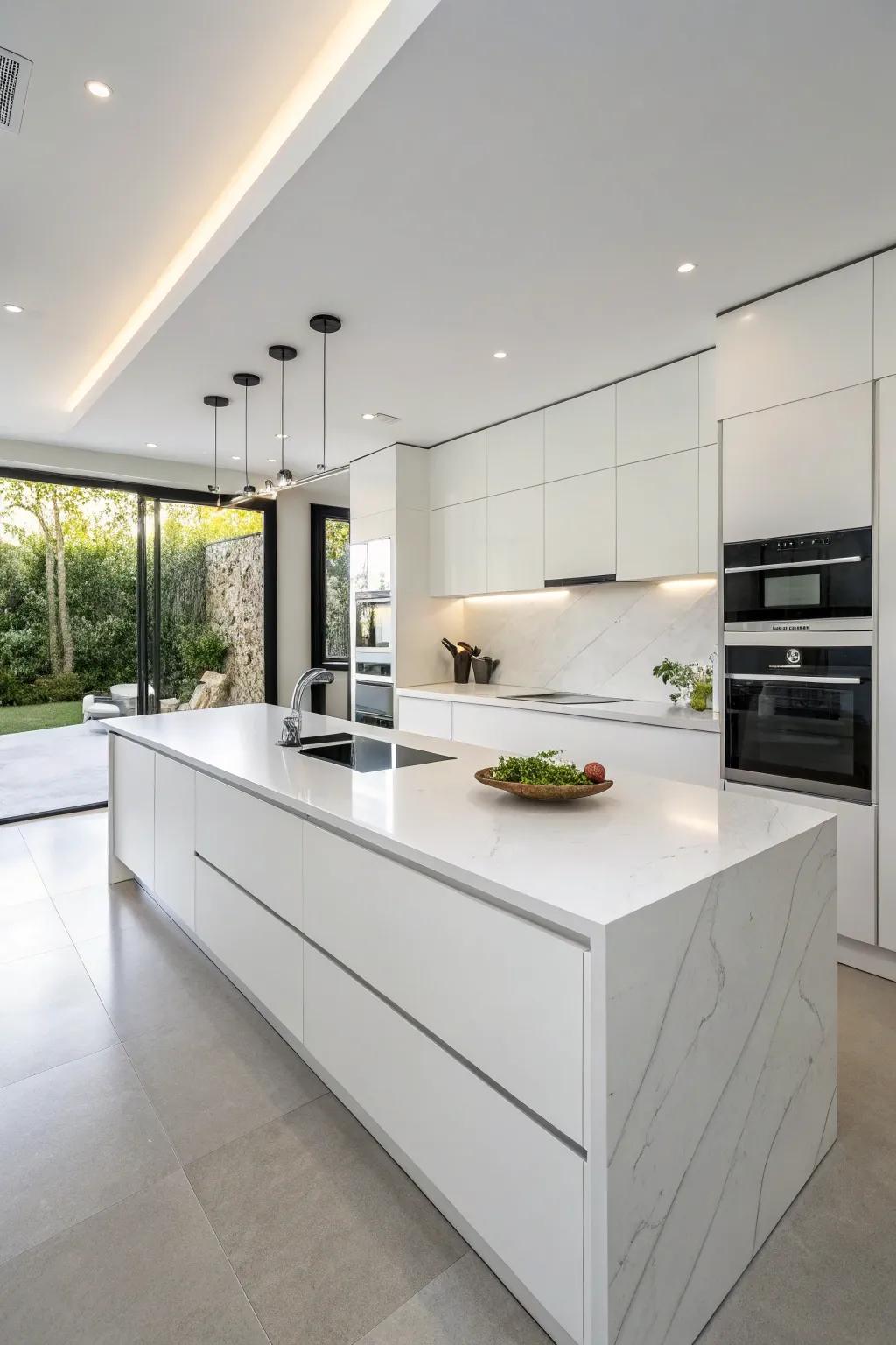 White Corian countertops provide a seamless and versatile surface.