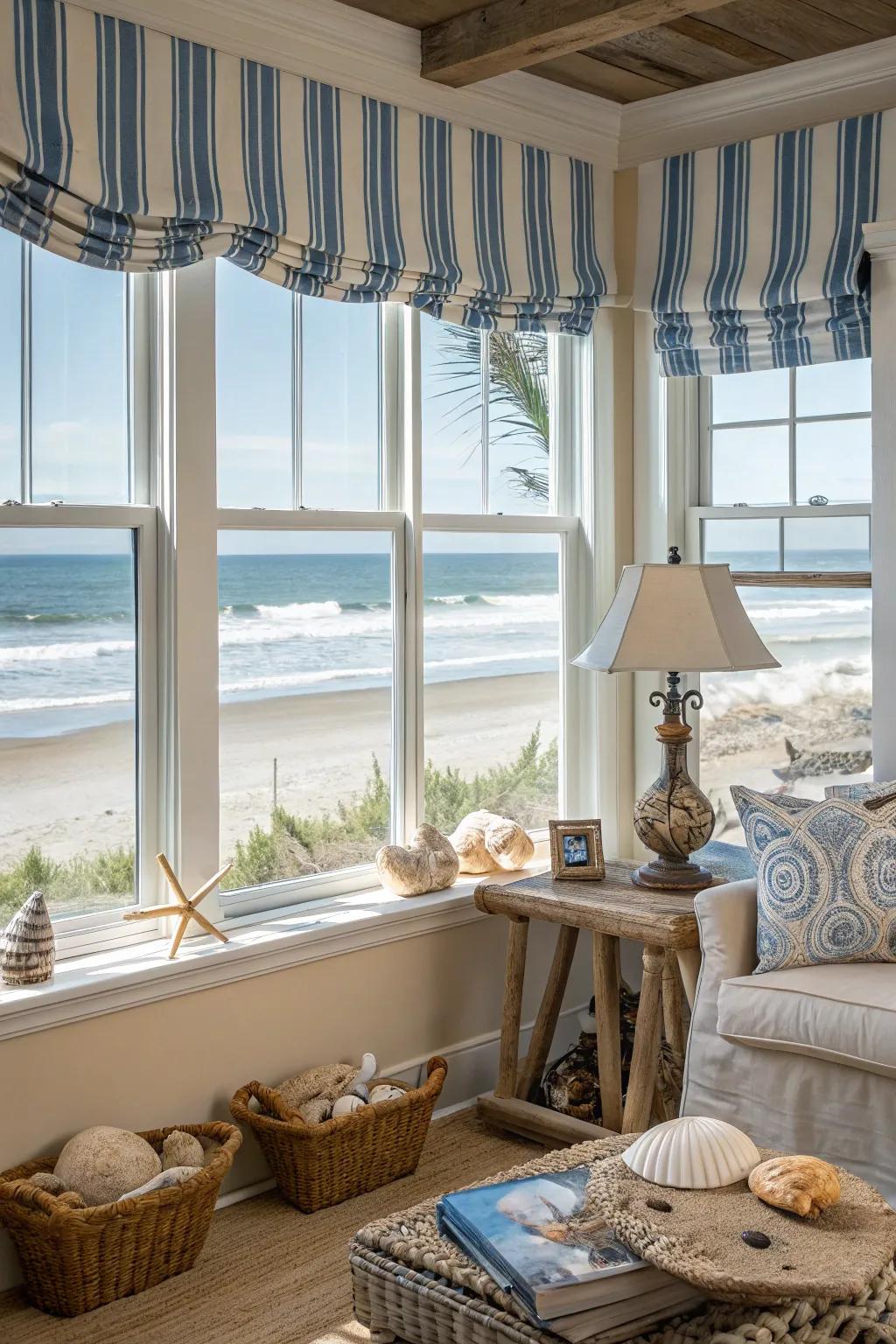 Coastal striped valance adding a beachy vibe to a living room.