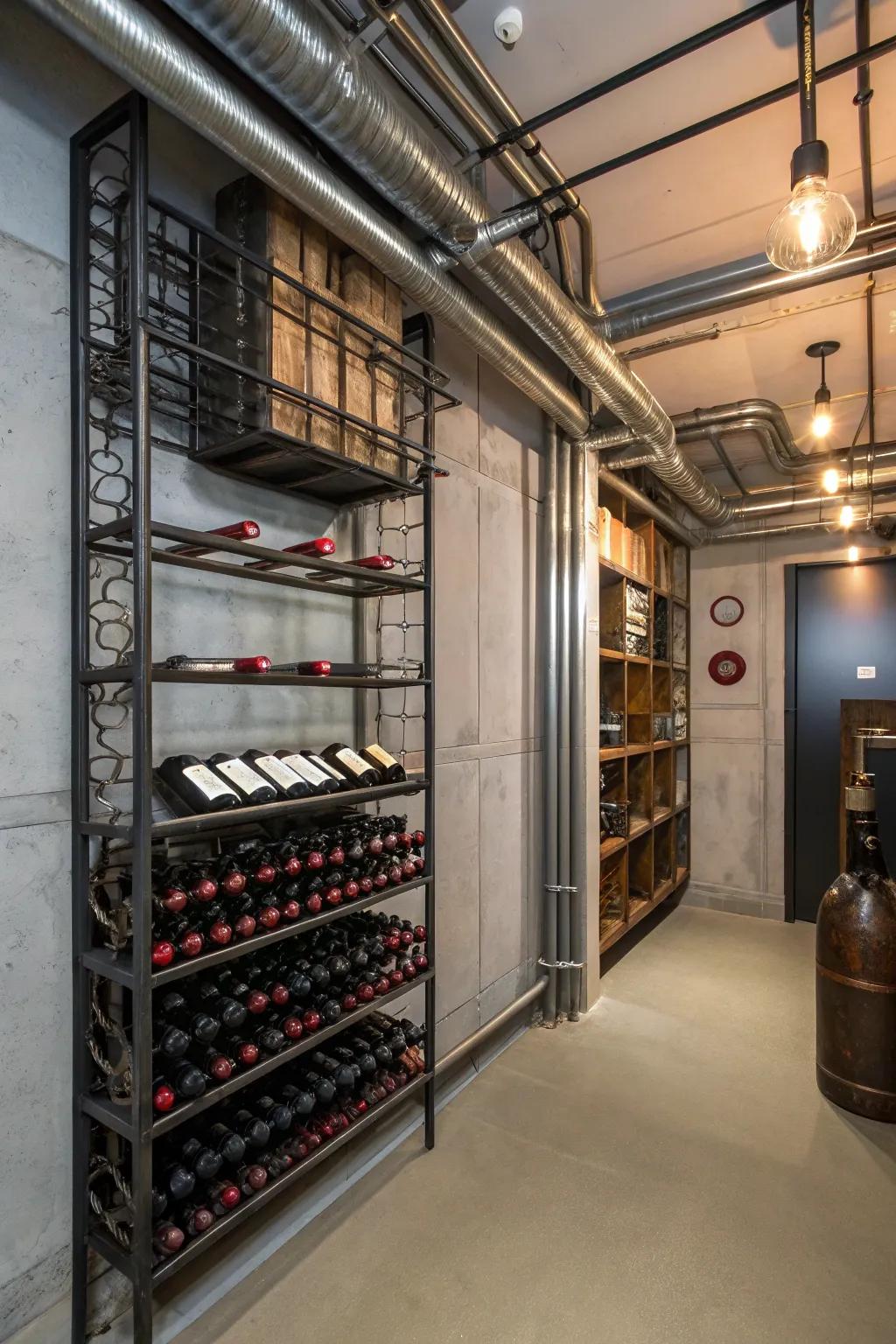 A wine closet embracing industrial decor elements