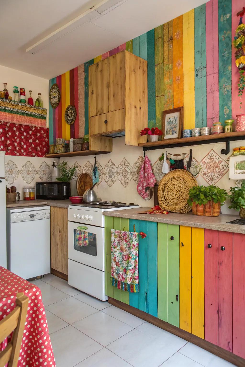 A colorful kitchen featuring a vibrant painted wood panel backsplash.