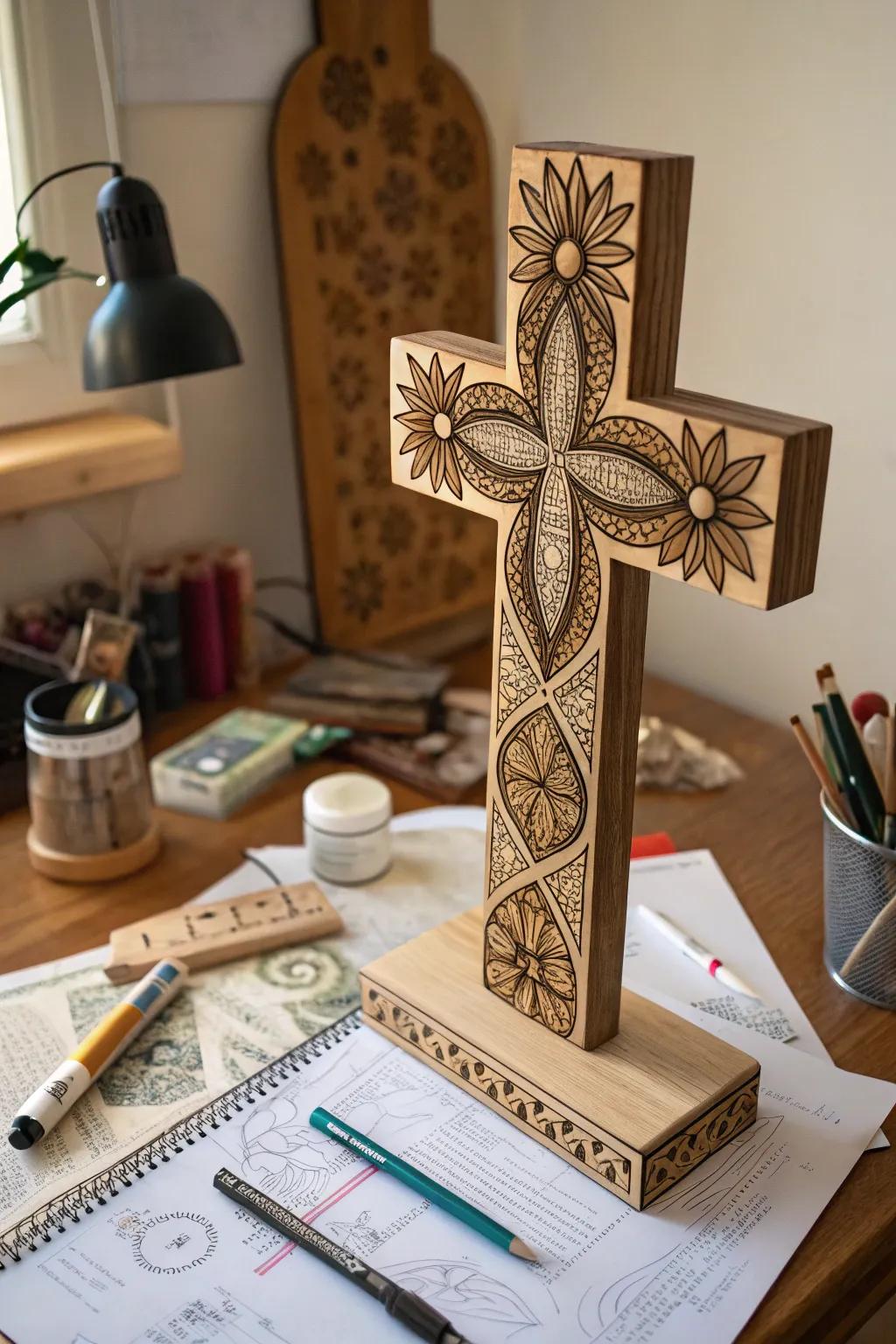 Zentangle art transforms this wooden cross into a unique masterpiece.