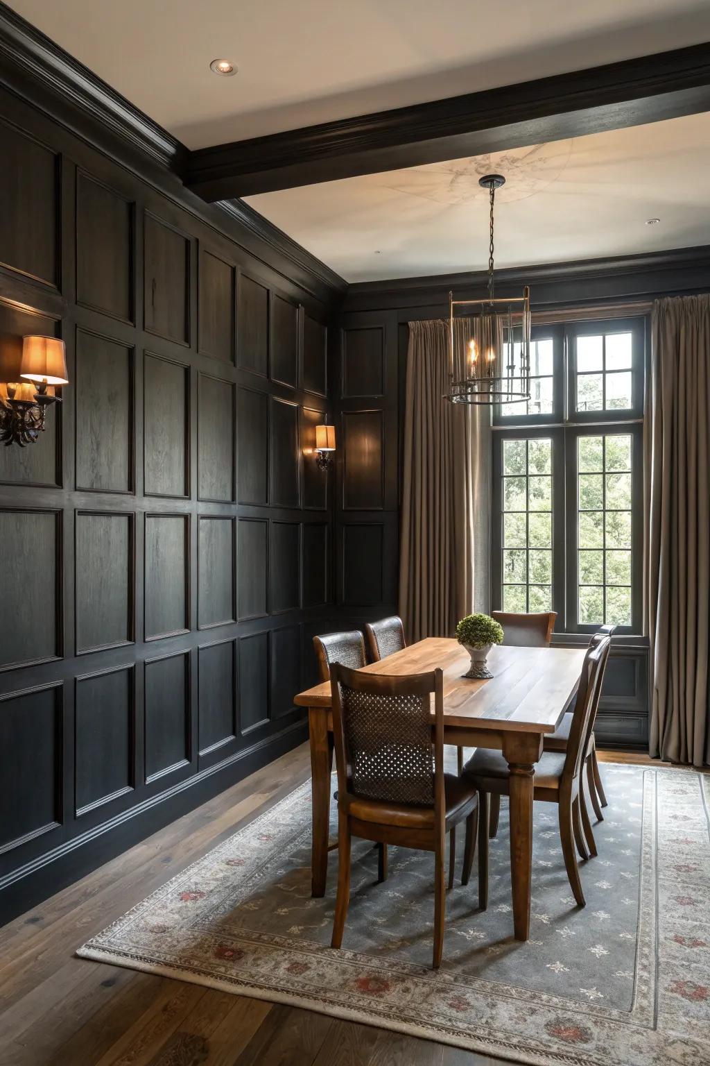 Dining room featuring dramatic deep charcoal painted wood paneling.