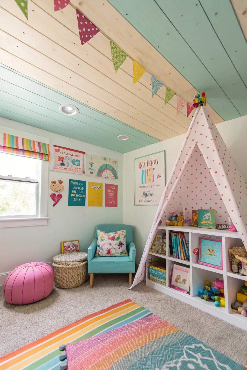 Painted planks add a playful pop of color to this kids' room.