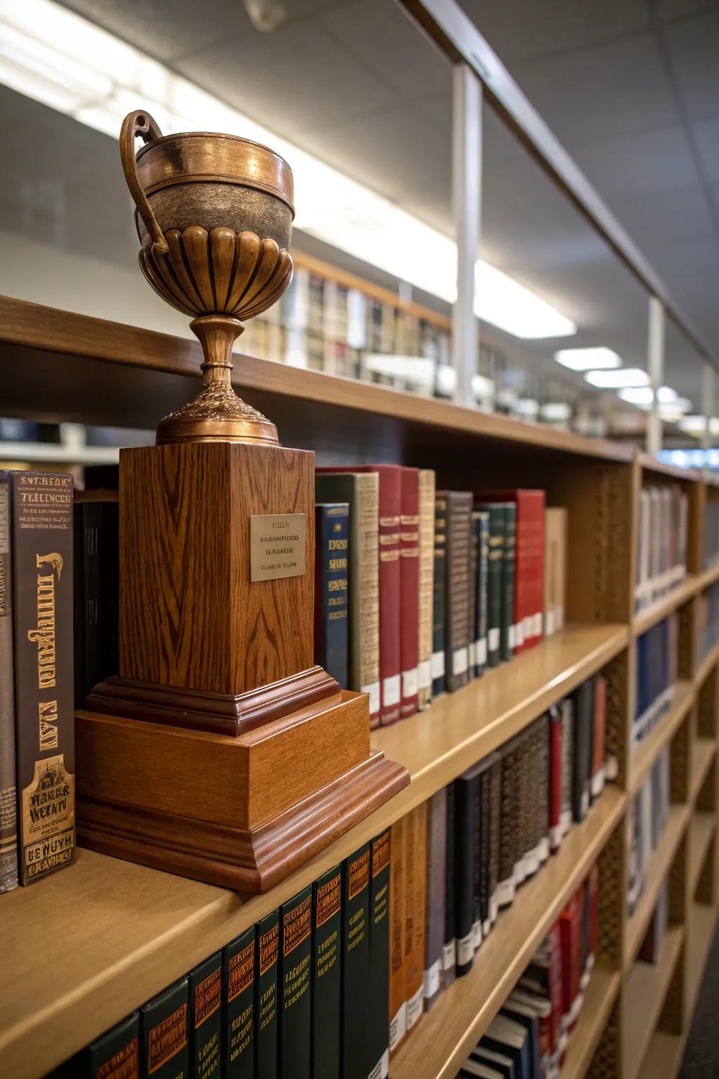 Wooden book trophies celebrate literary and educational achievements.