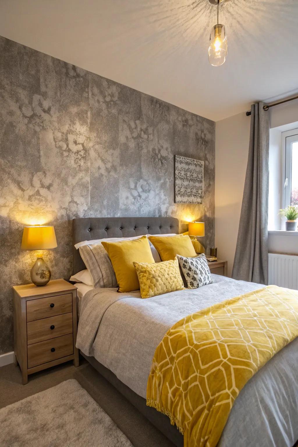 Textured grey walls are highlighted by vibrant yellow decor pieces.