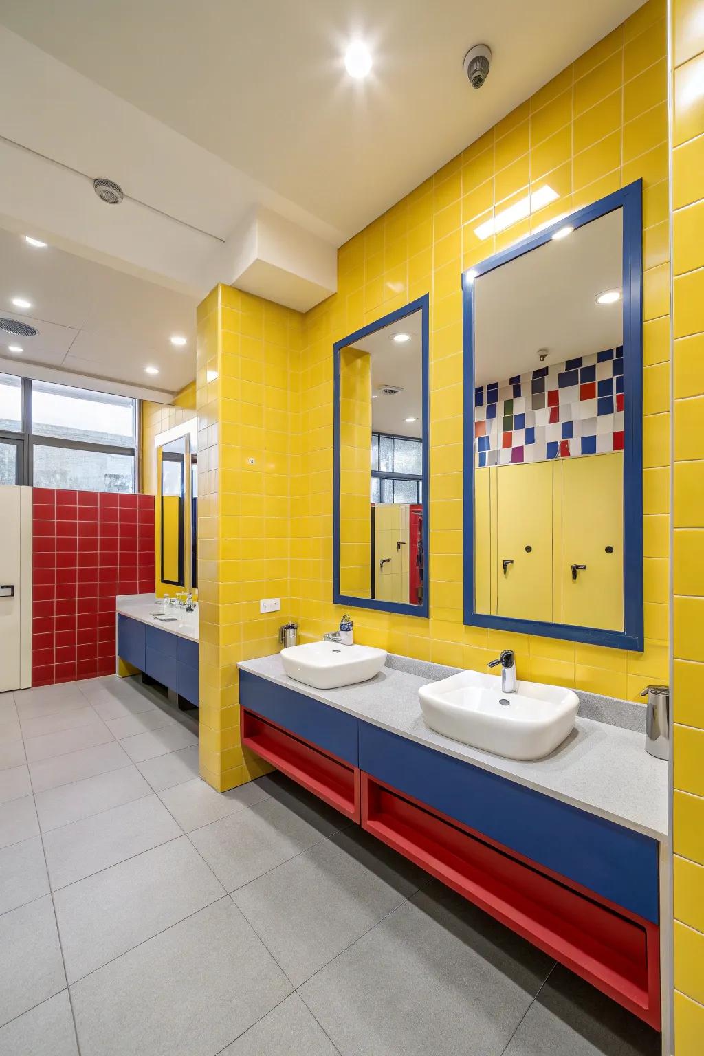 A bold bathroom with canary yellow walls and a modern design.