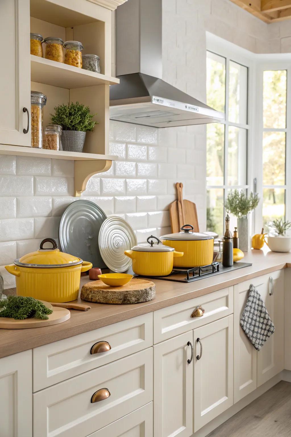 Yellow and grey kitchenware subtly integrates the color scheme into daily use.