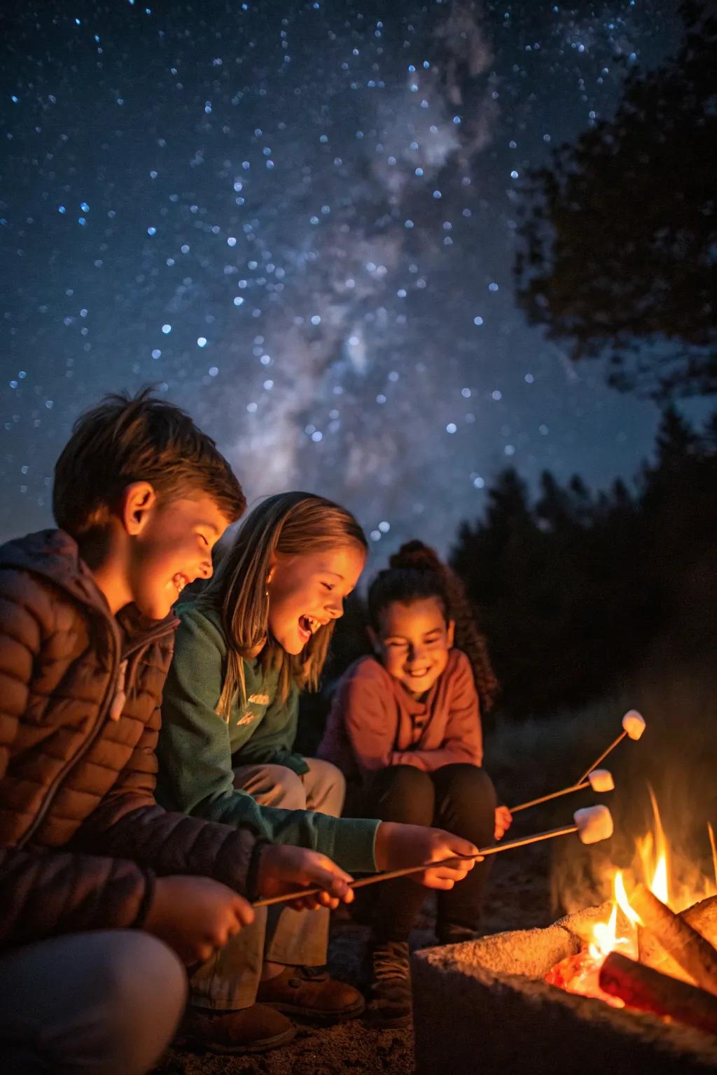 A campfire night with s'mores brings warmth and storytelling to a birthday party.