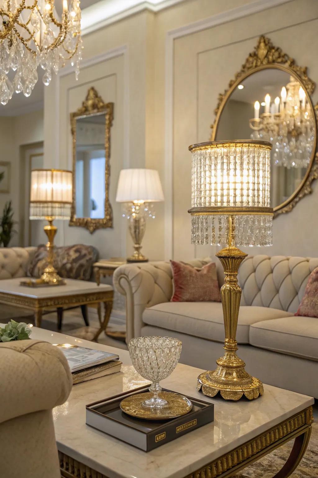 Glamorous details elevate the elegance of a 1930s-inspired living room.