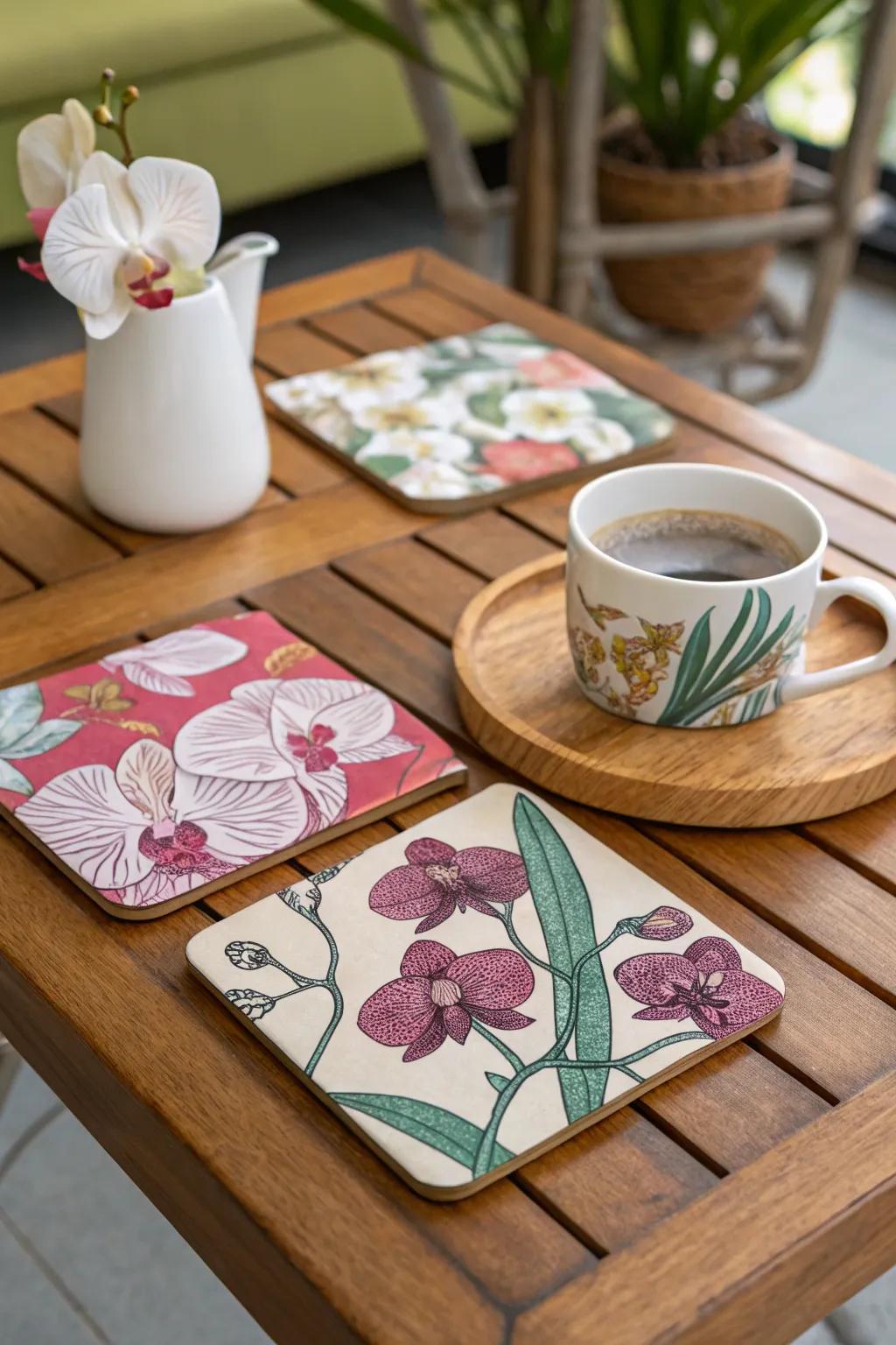 Stylish coasters for a touch of orchid charm.