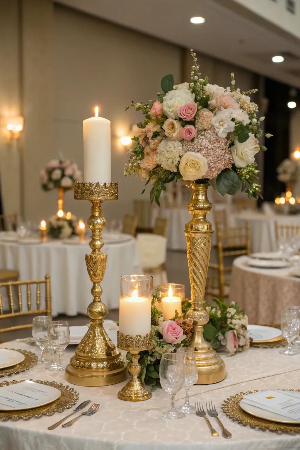 Golden centerpieces bring elegance and cohesion to the table settings.