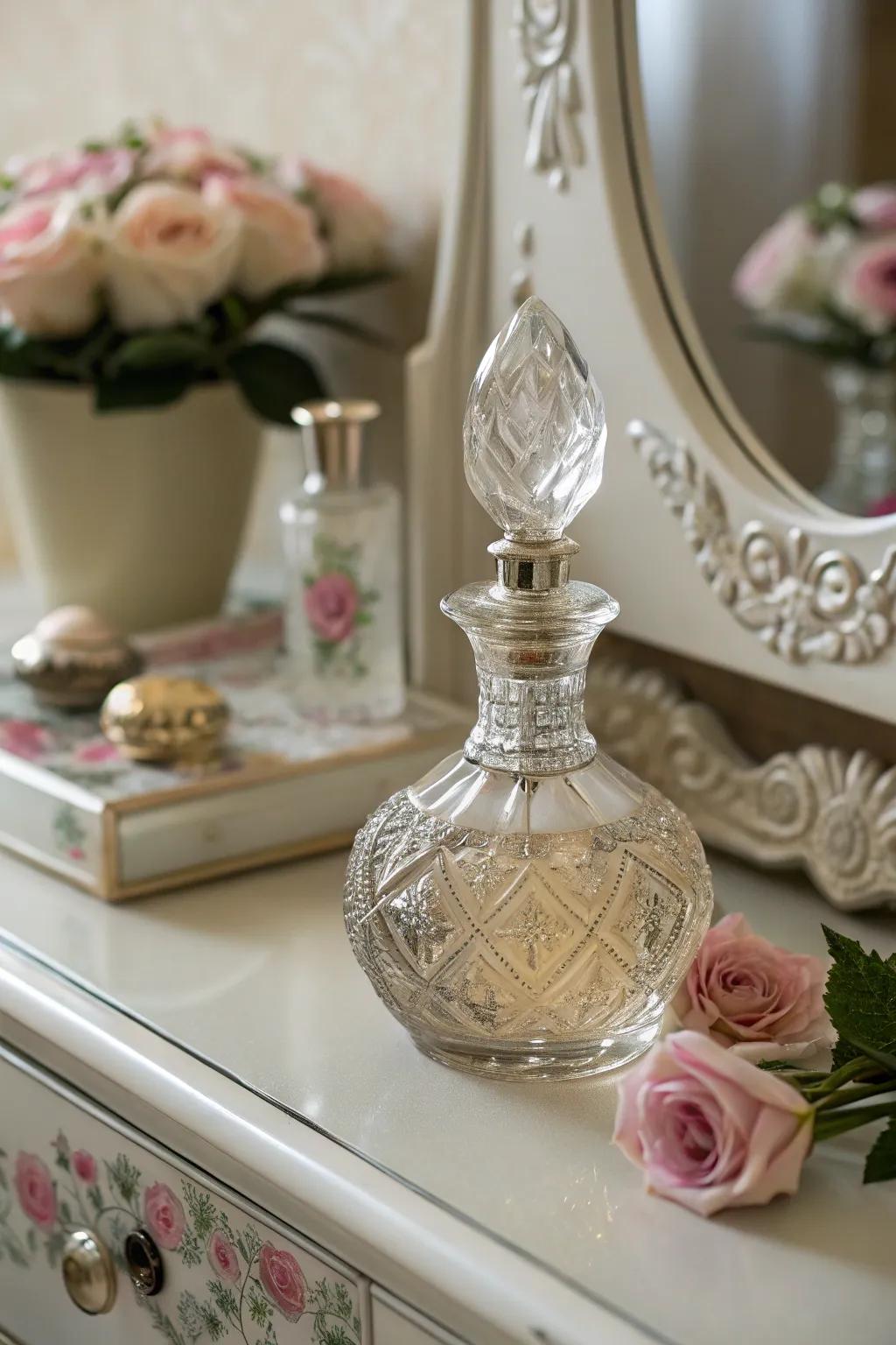 A vintage-inspired perfume bottle adds elegance to her dresser.