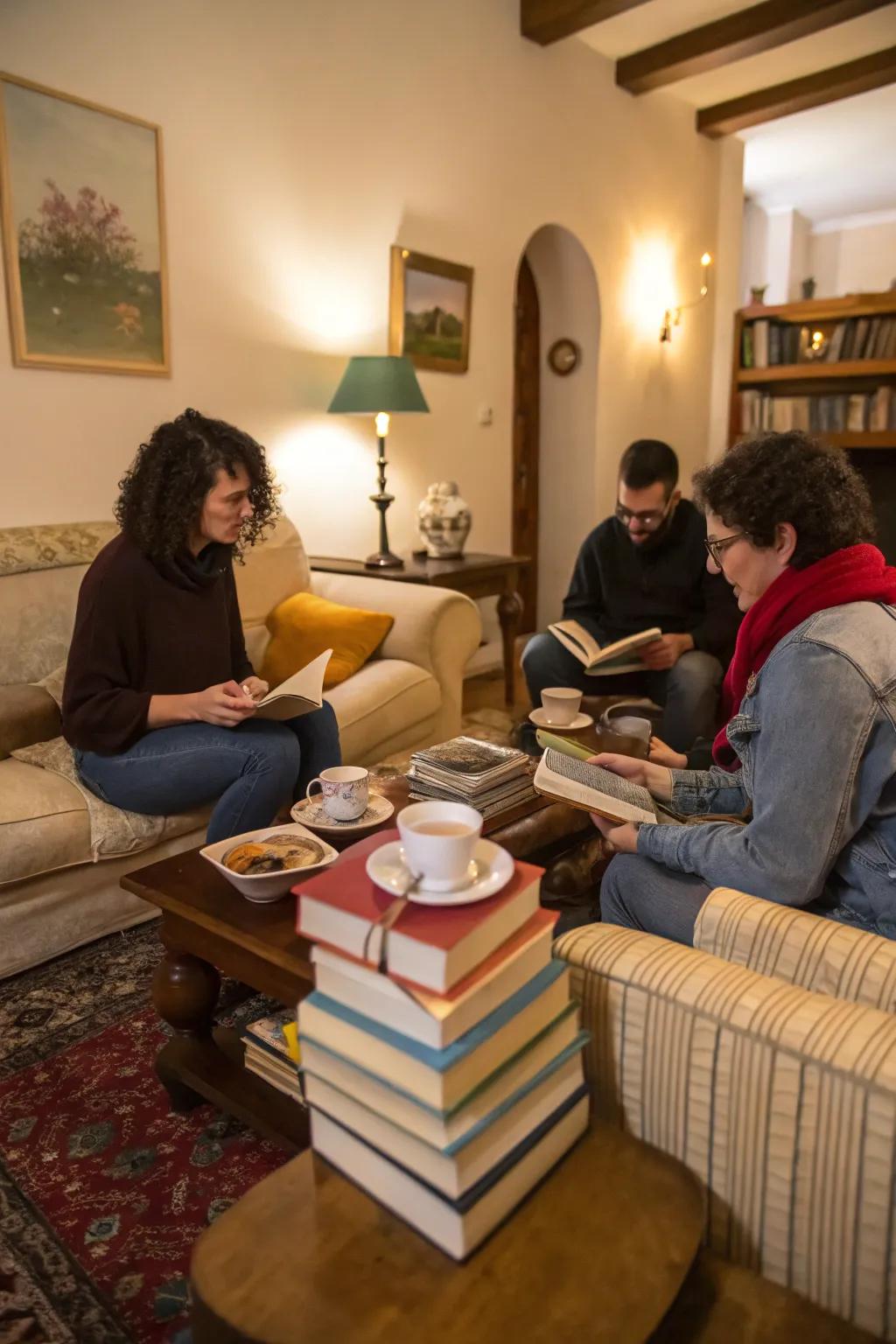 A book club gathering filled with lively discussions and camaraderie.