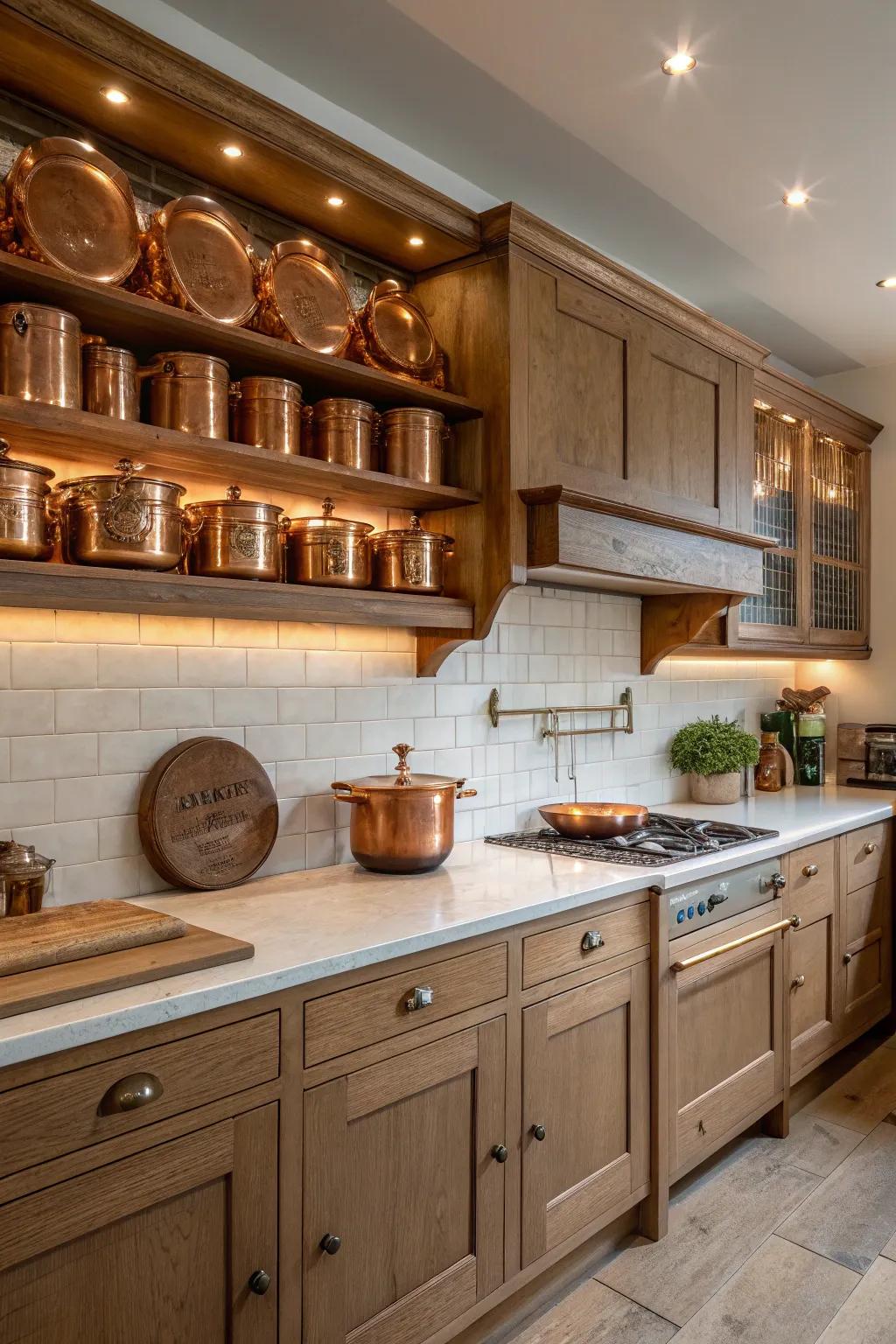 Copper pots above cabinets bring shine and warmth to the kitchen.