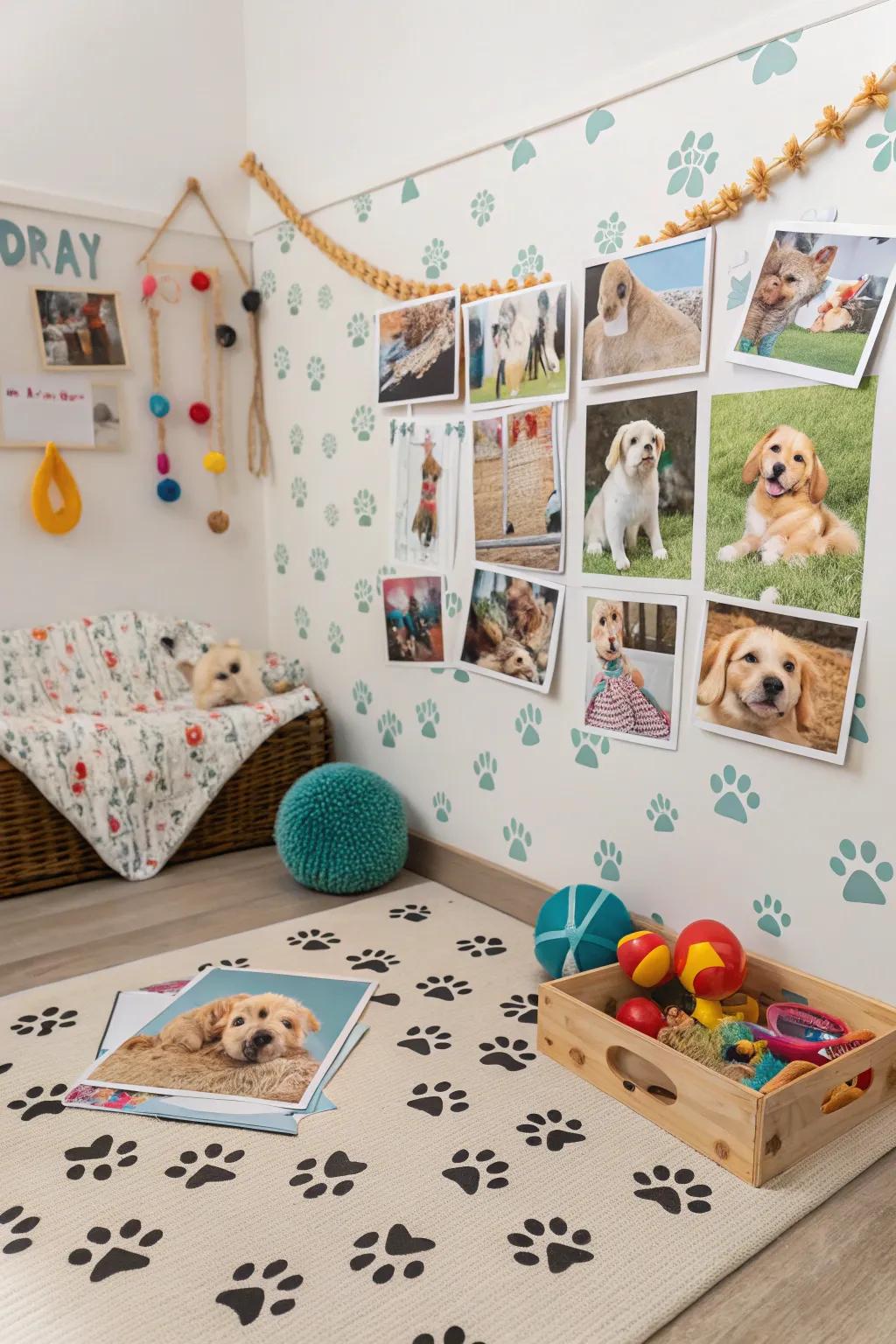 A pet collage with adorable pet photos and paw prints.