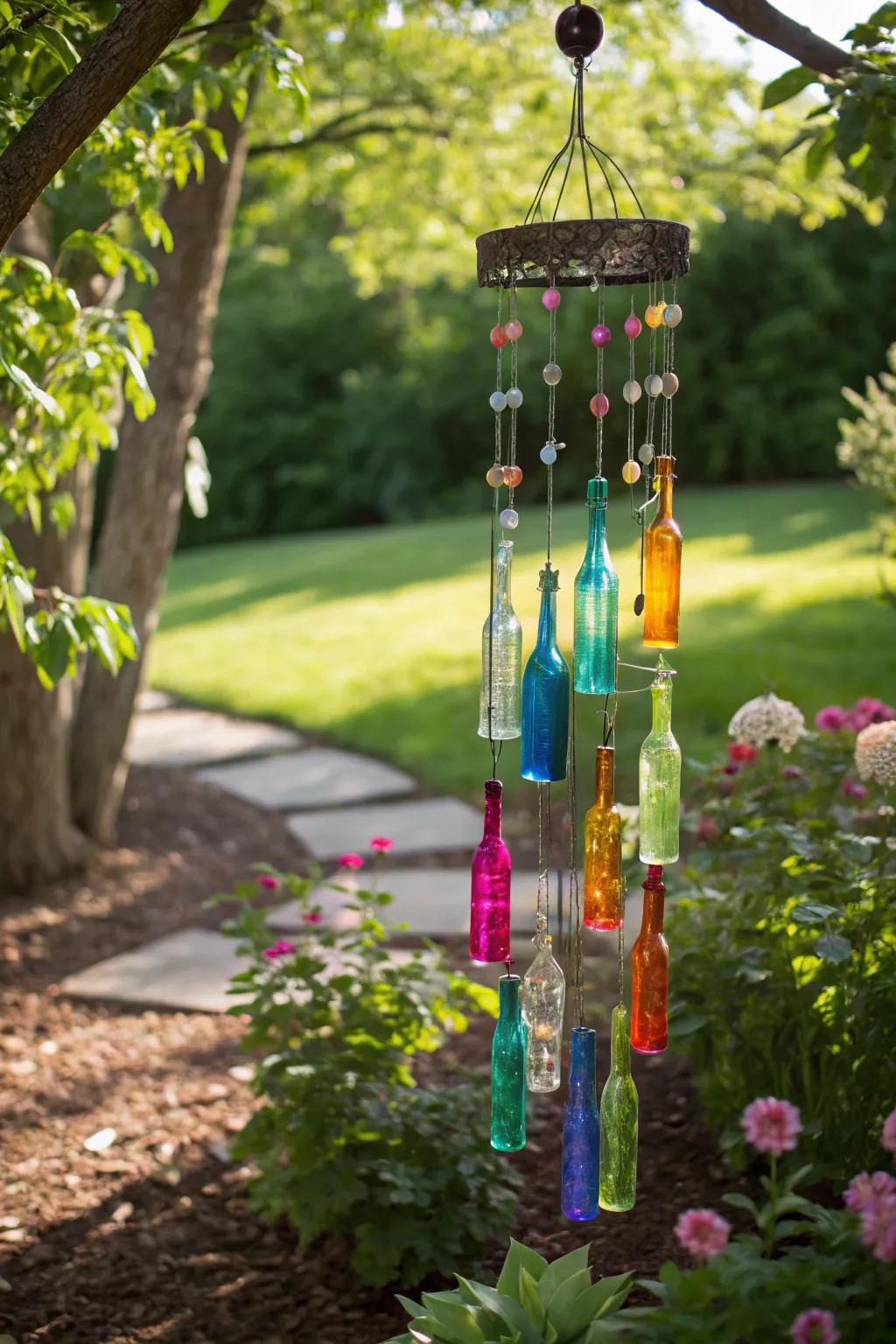 Add melody to your garden with a recycled bottle wind chime.