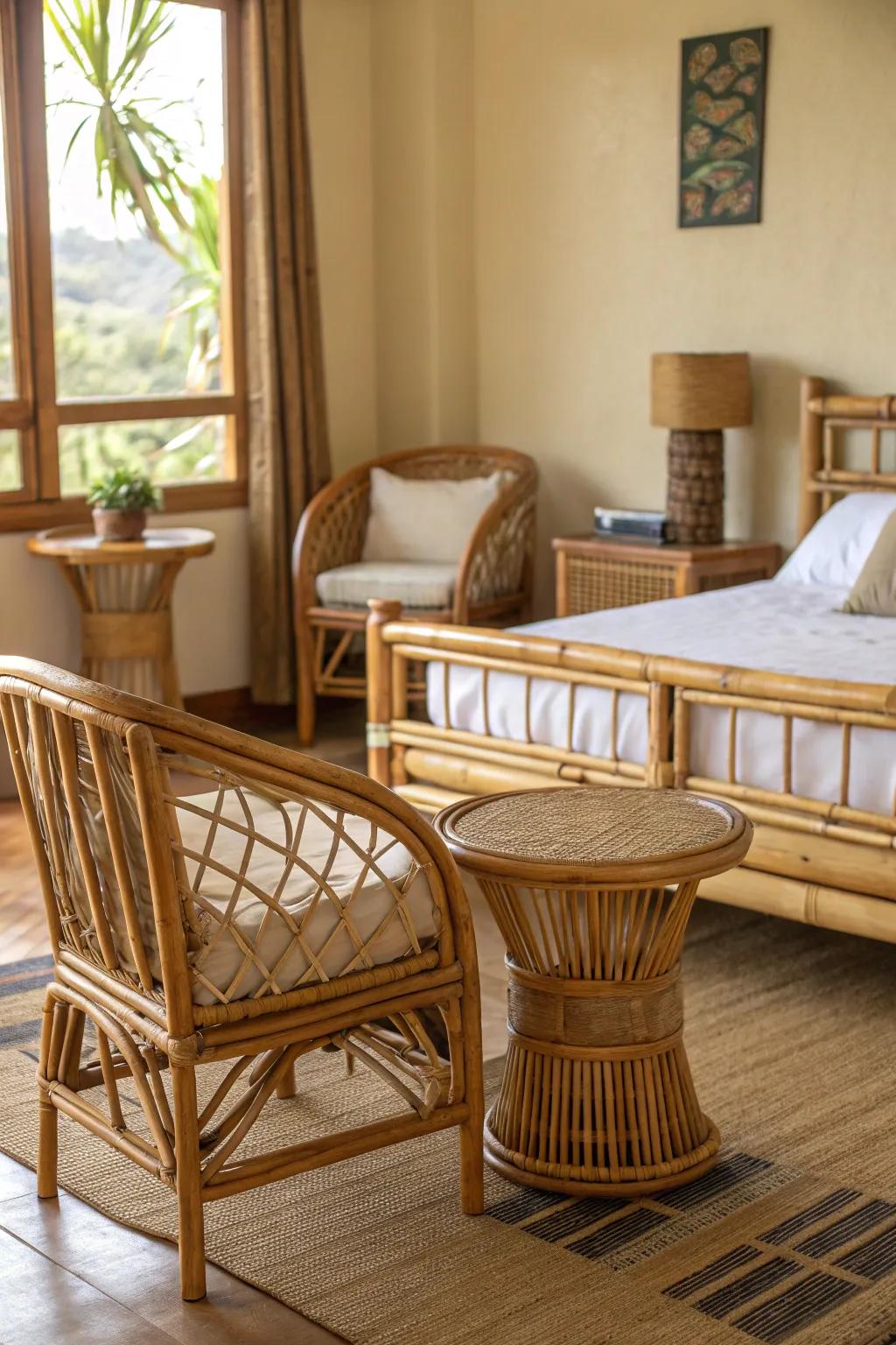 Eco-friendly bamboo furniture adding a rustic touch to a bedroom.