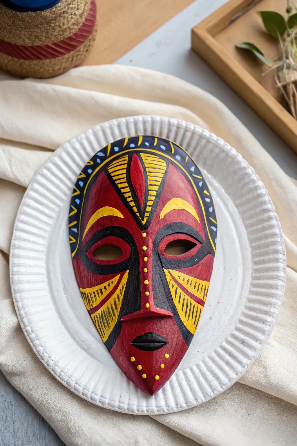 Unleash your creativity with this vibrant African paper plate mask, where simplicity meets bold beauty.