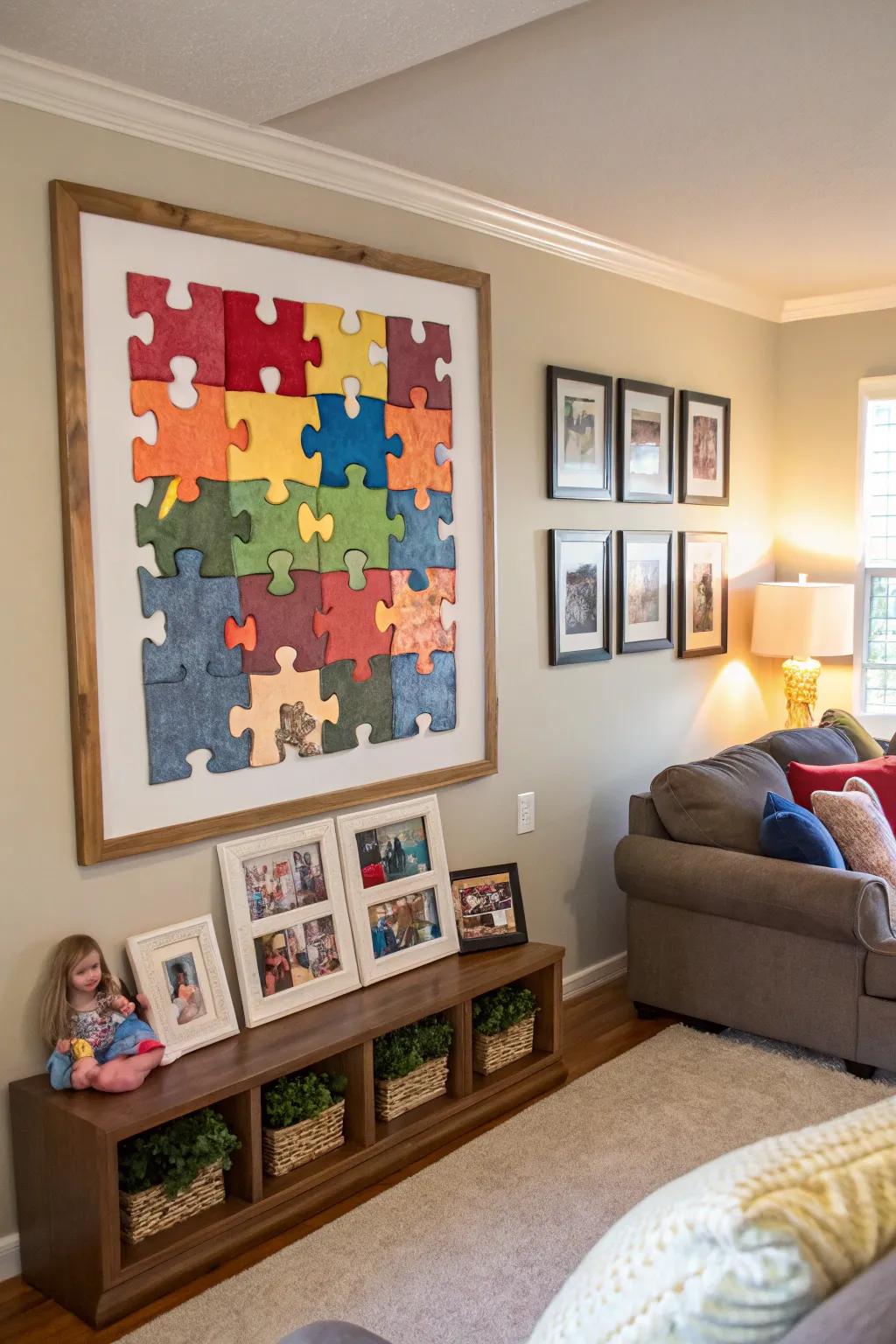 A vibrant puzzle art piece, showcasing children's creativity.