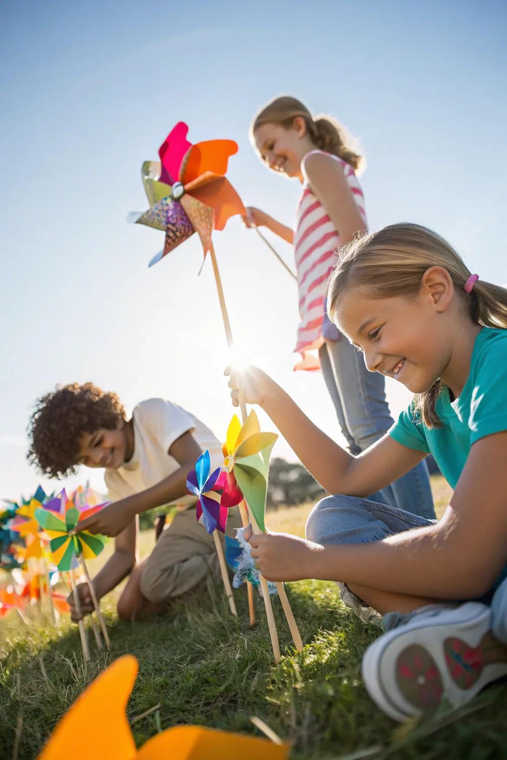 Kids excitedly crafting their own pinwheels, ready to watch them spin in the breeze.