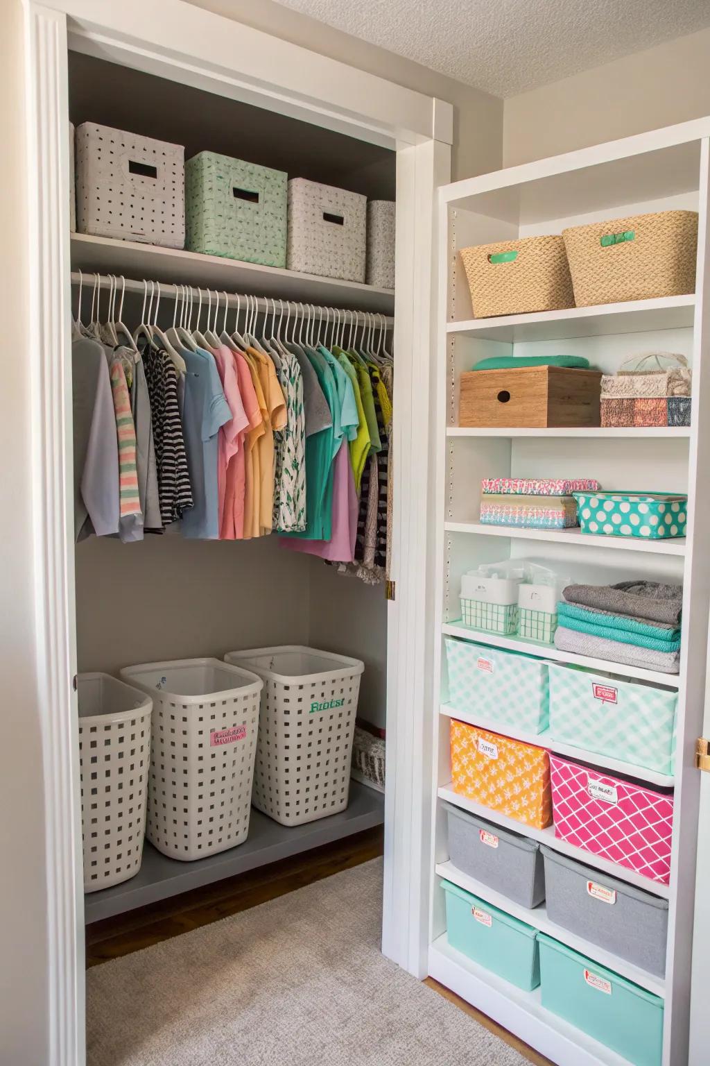 Storage baskets in the closet keep baby items organized and accessible.