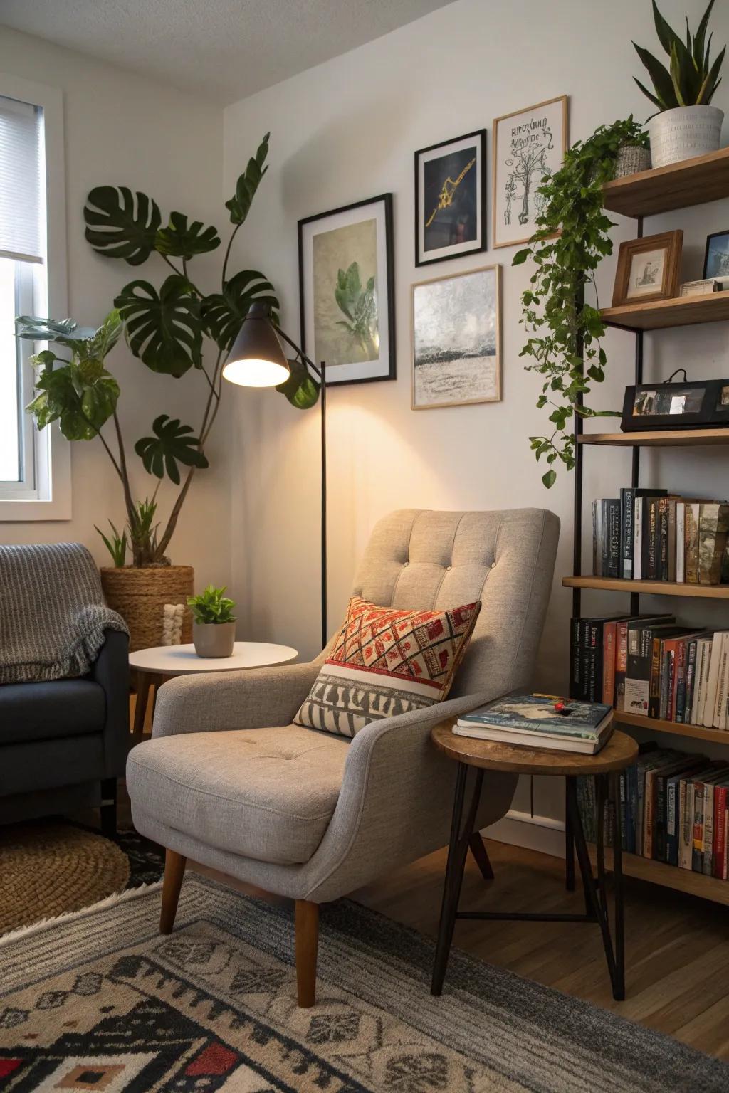 A cozy reading nook offers a personal retreat in your bachelor pad