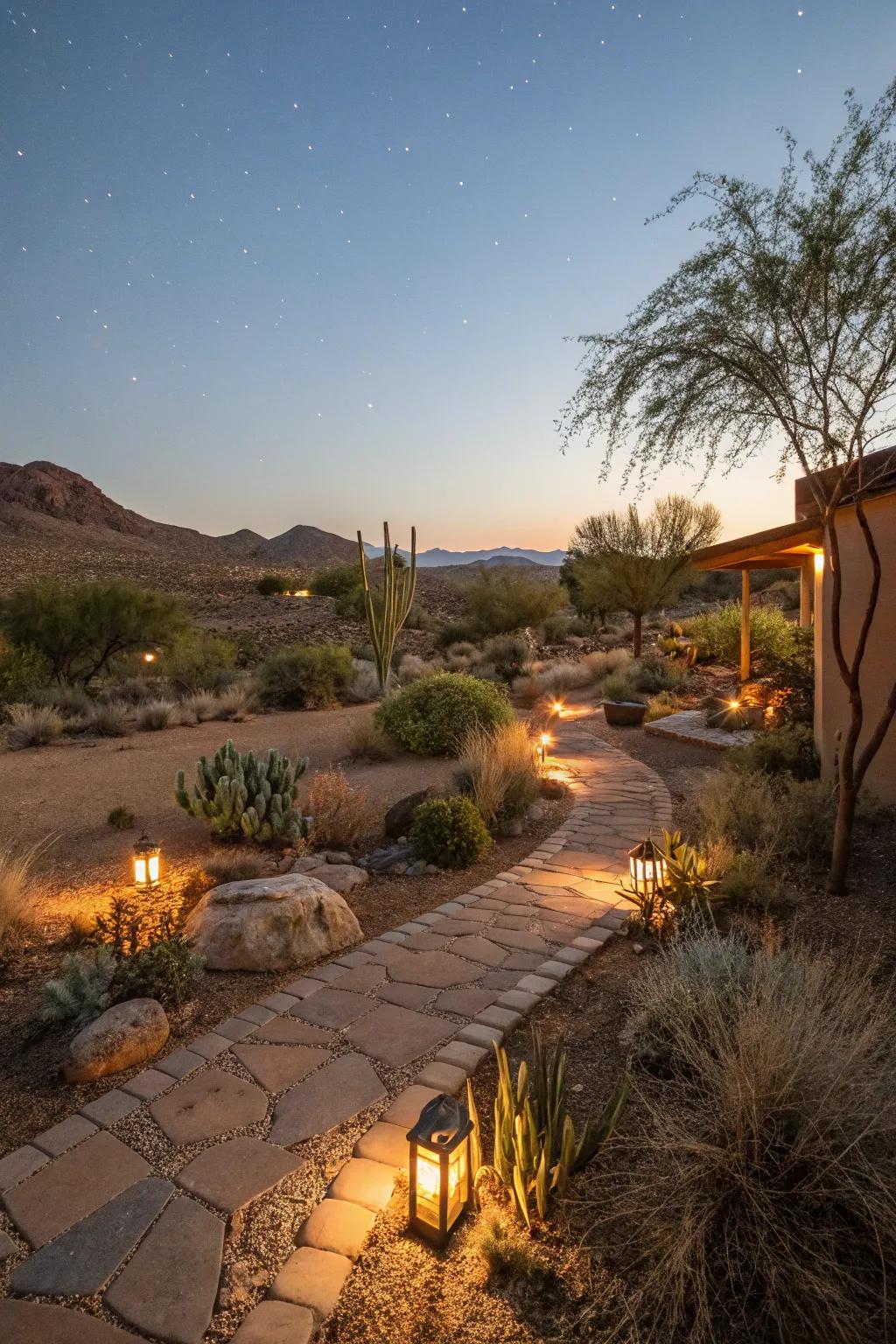 Outdoor lighting enhances the beauty and atmosphere of a desert backyard.