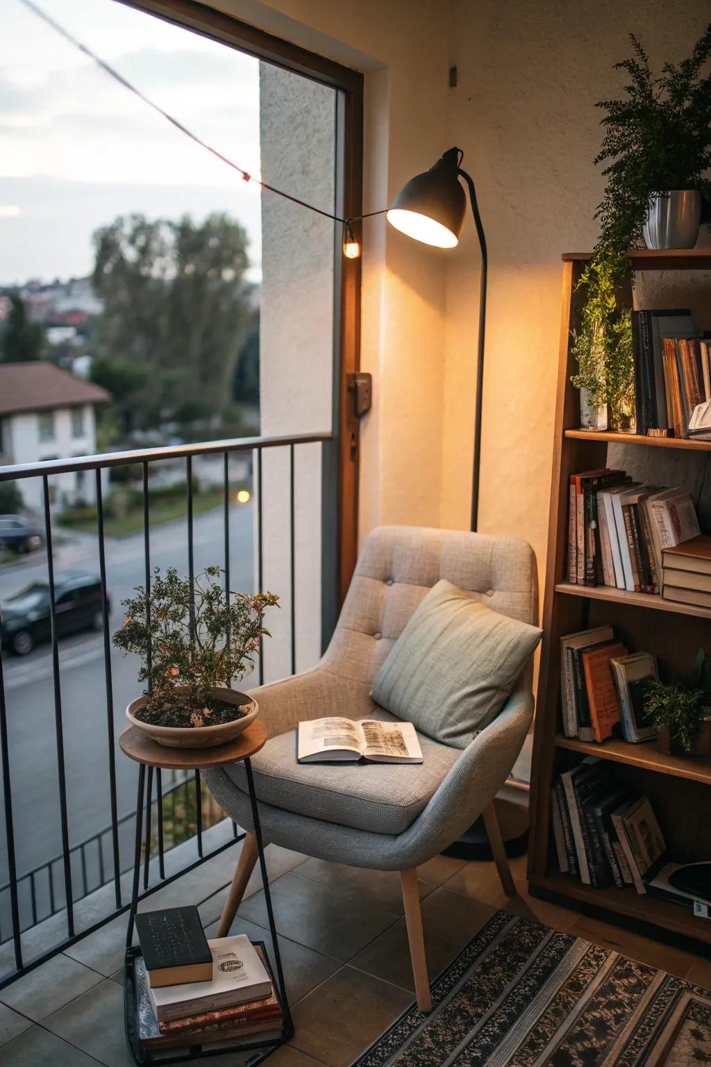 A reading nook transforms your balcony into a literary escape.