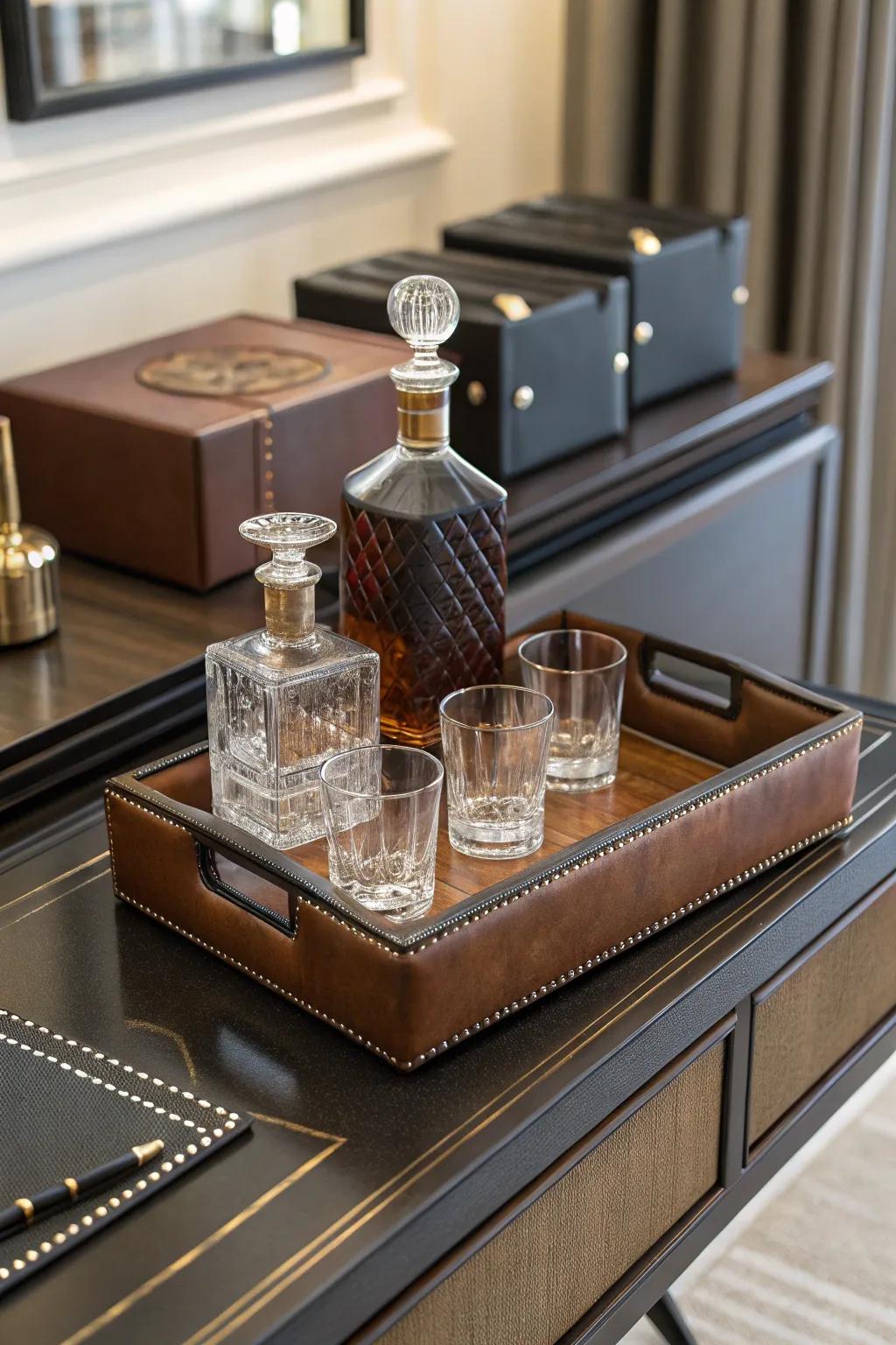 Add sophistication with a leather tray and elegant glassware.