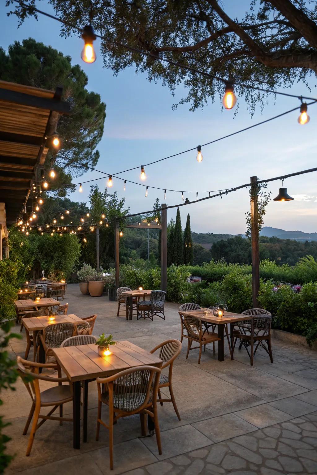 Hanging barn lights make outdoor dining areas feel inviting and cozy.