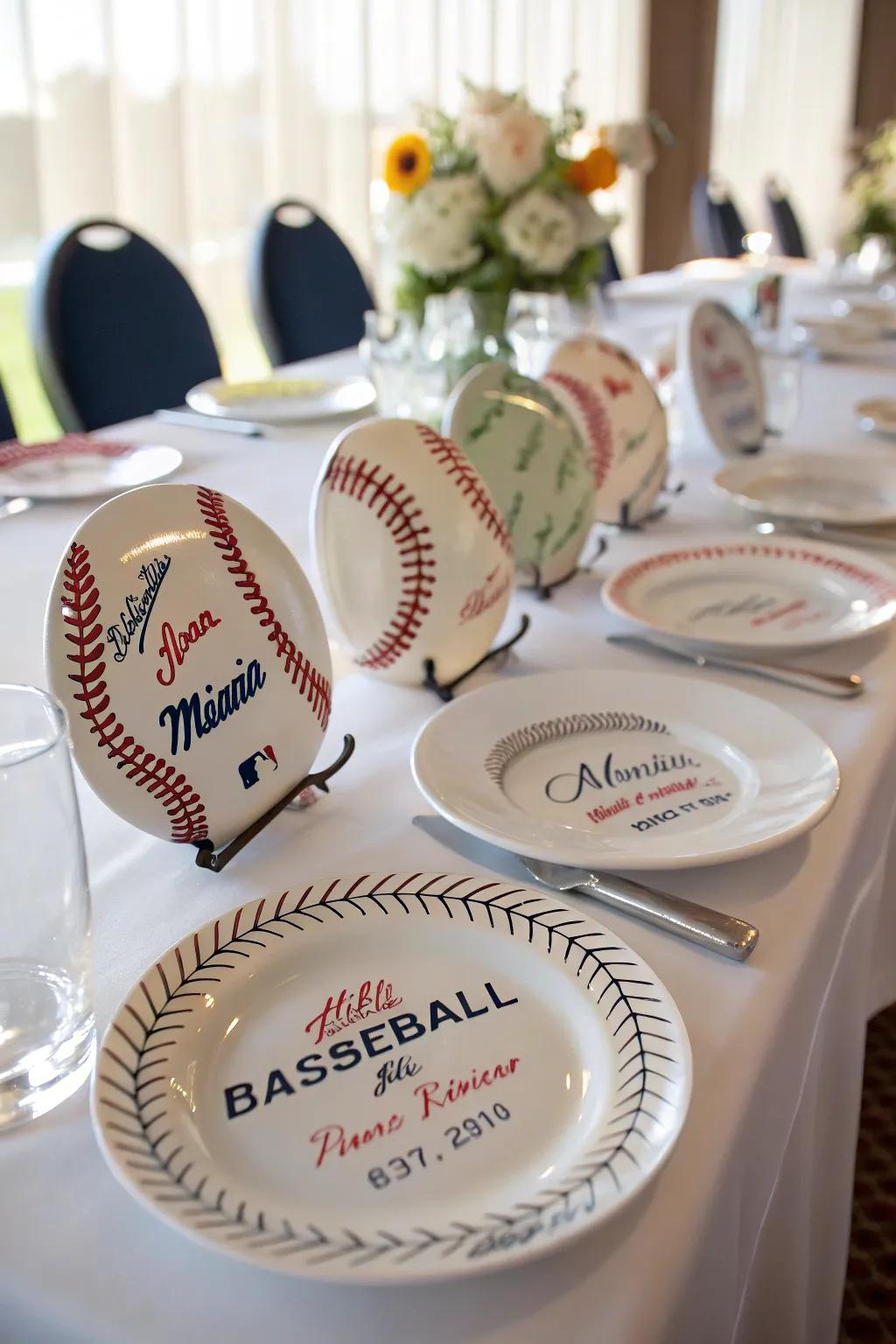 Custom baseball plates make for a memorable and personal centerpiece.