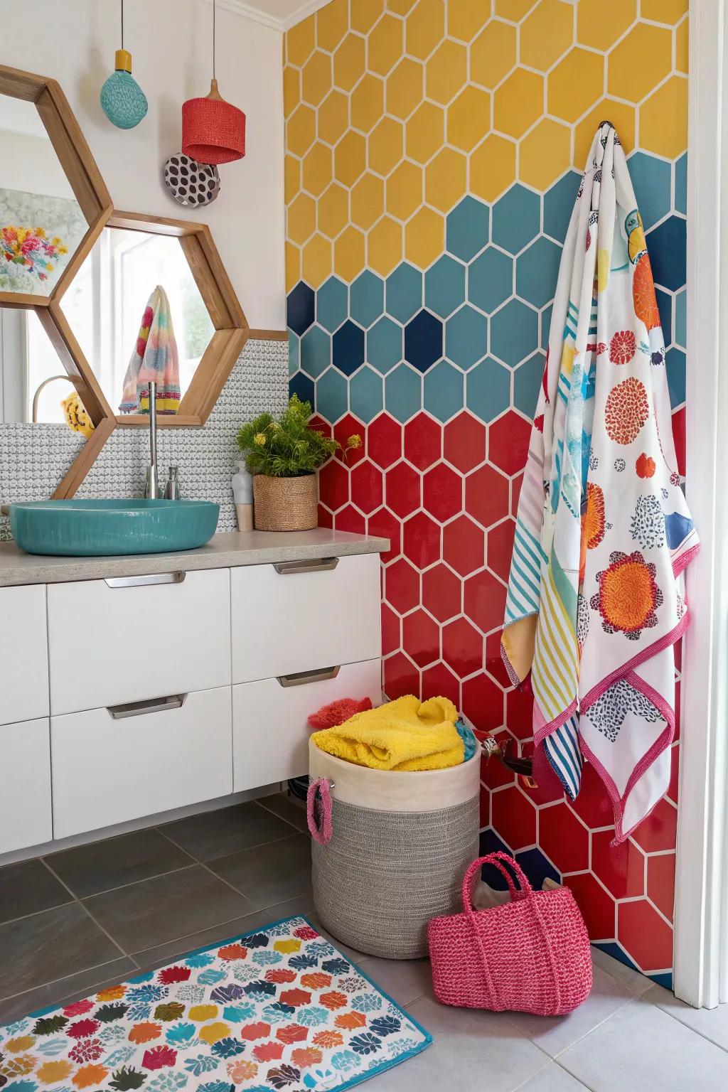 Hexagon tiles add a modern and playful touch.