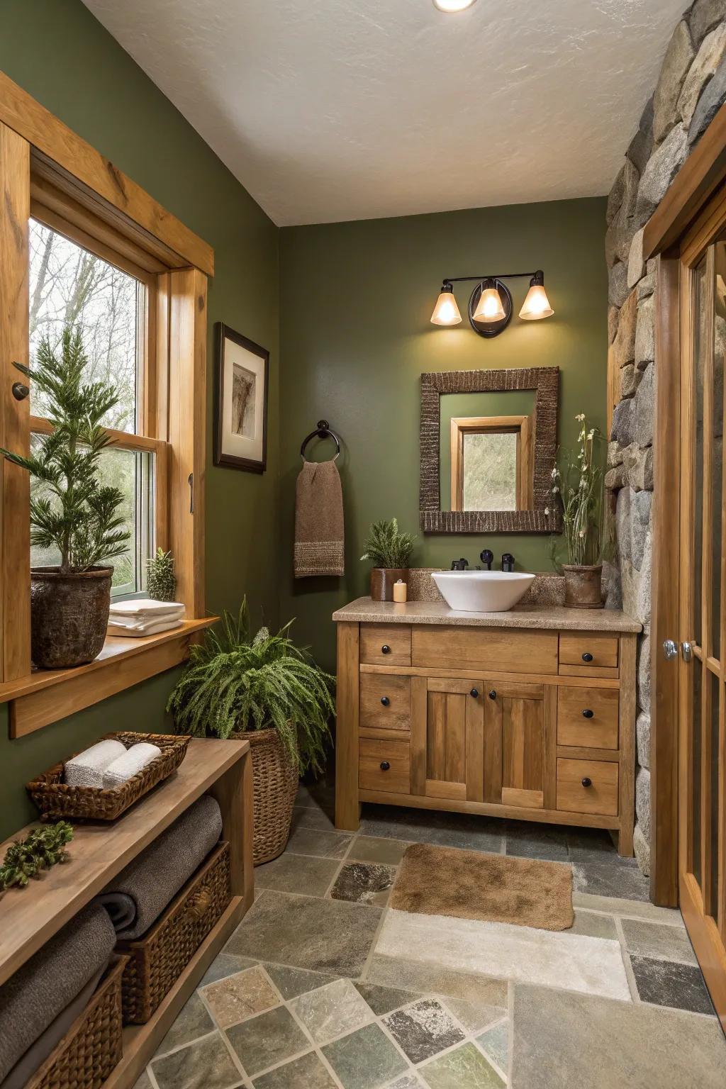 Olive green walls infuse the space with natural tranquility.