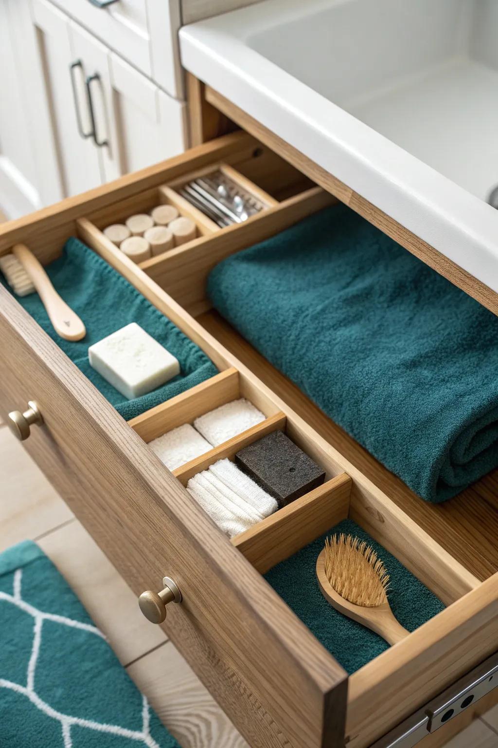 Elevate your bathroom organization with eco-friendly felt liners for a touch of cozy elegance.