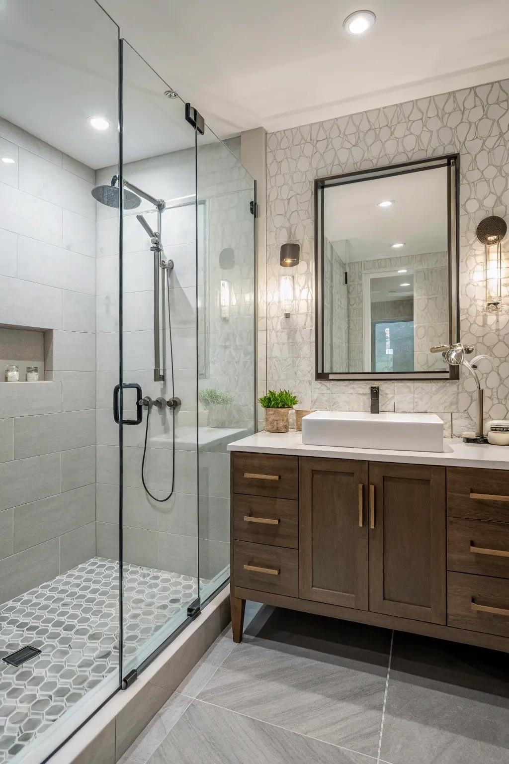 A bathroom using glass partitions for an open and bright design.