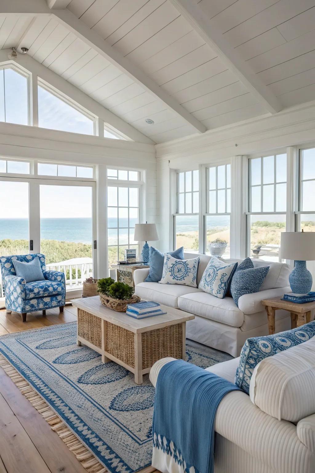 Blue accents add depth and serenity to this beach house living room.