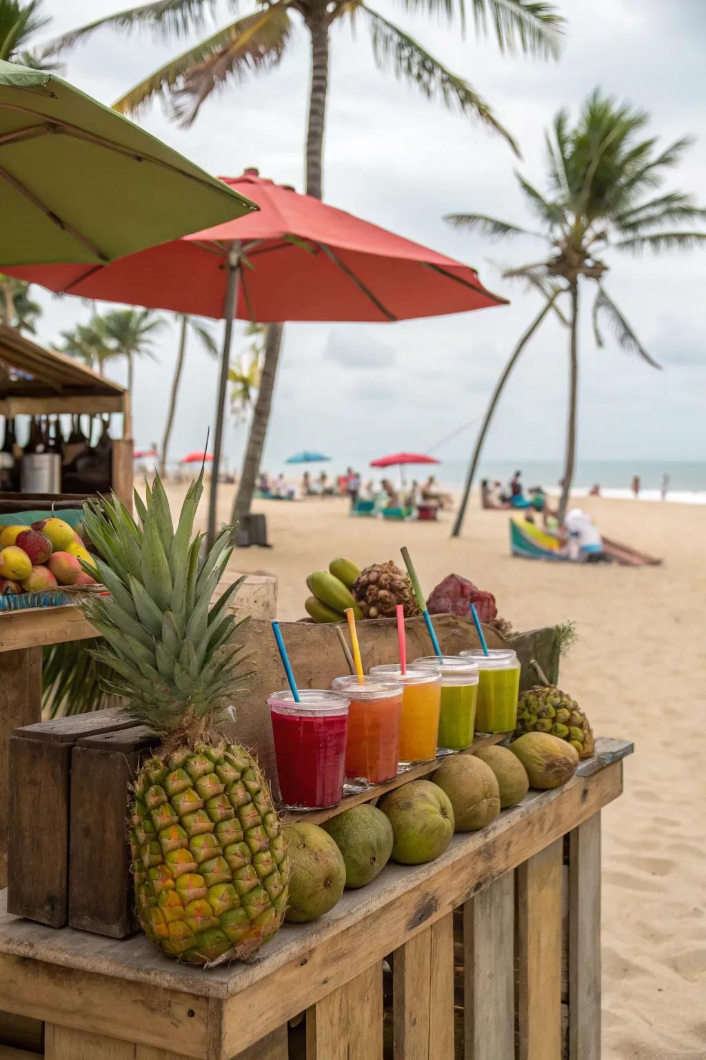 A tropical beverage station serving refreshing coconut drinks.