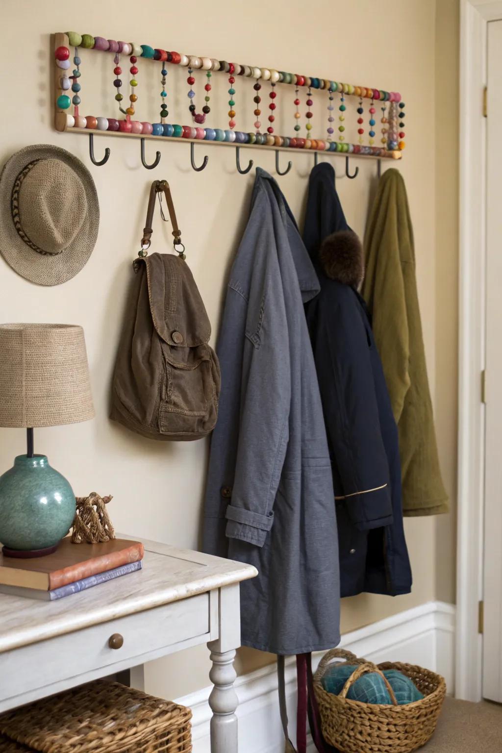 Beaded wall hooks adding personality to the entryway.