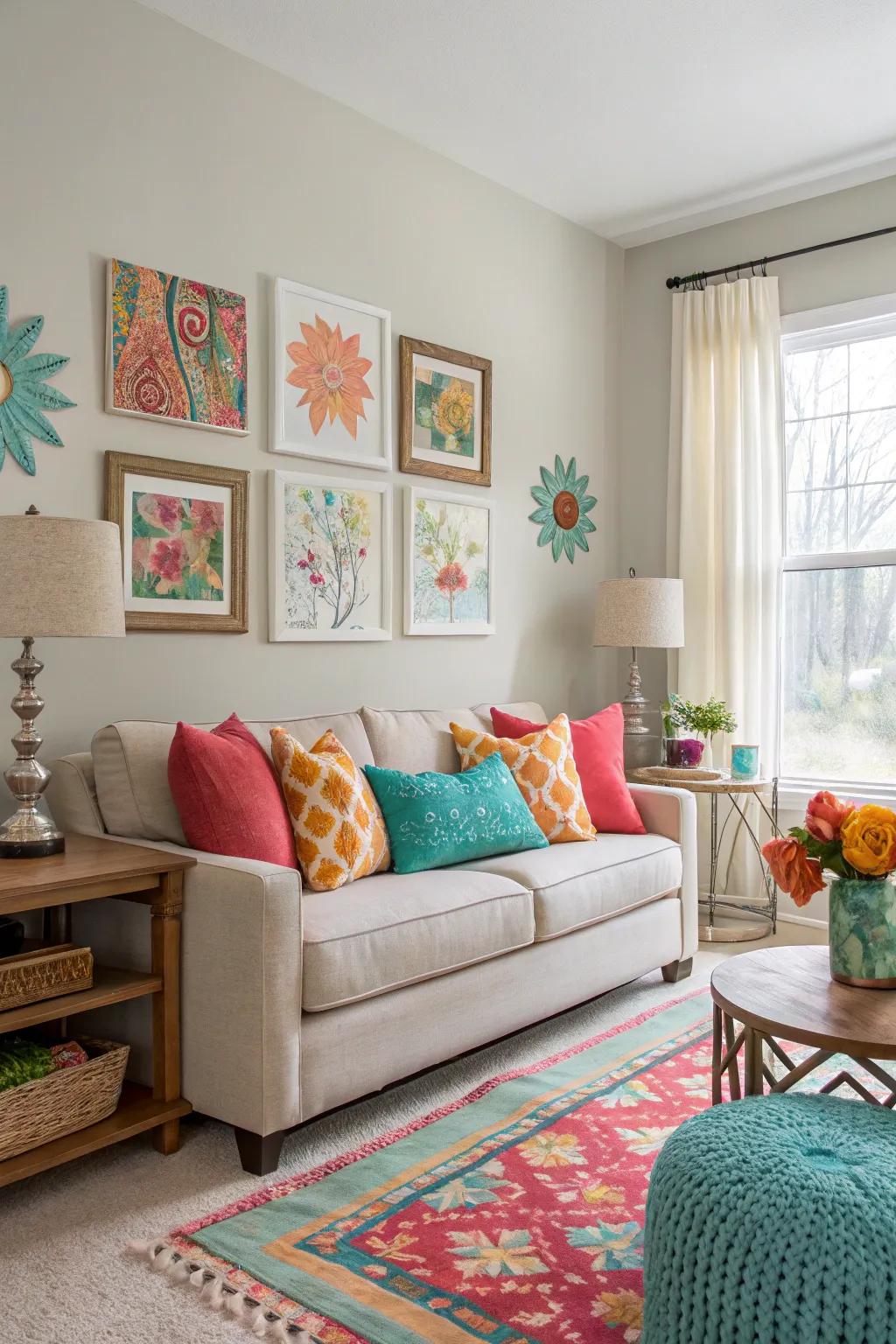 Pops of color enliven this neutral living room.