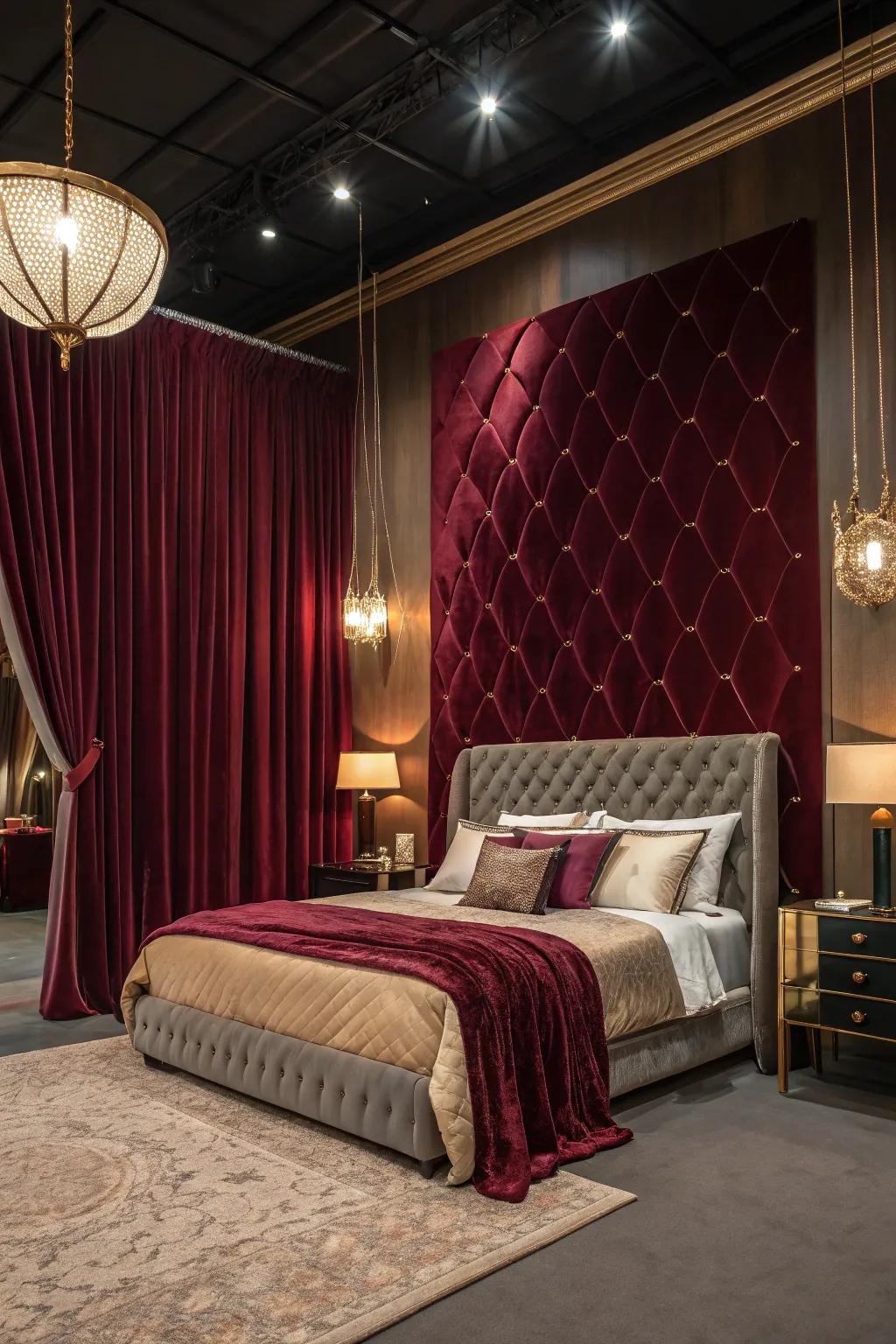 An opulent bedroom with a velvet backdrop.