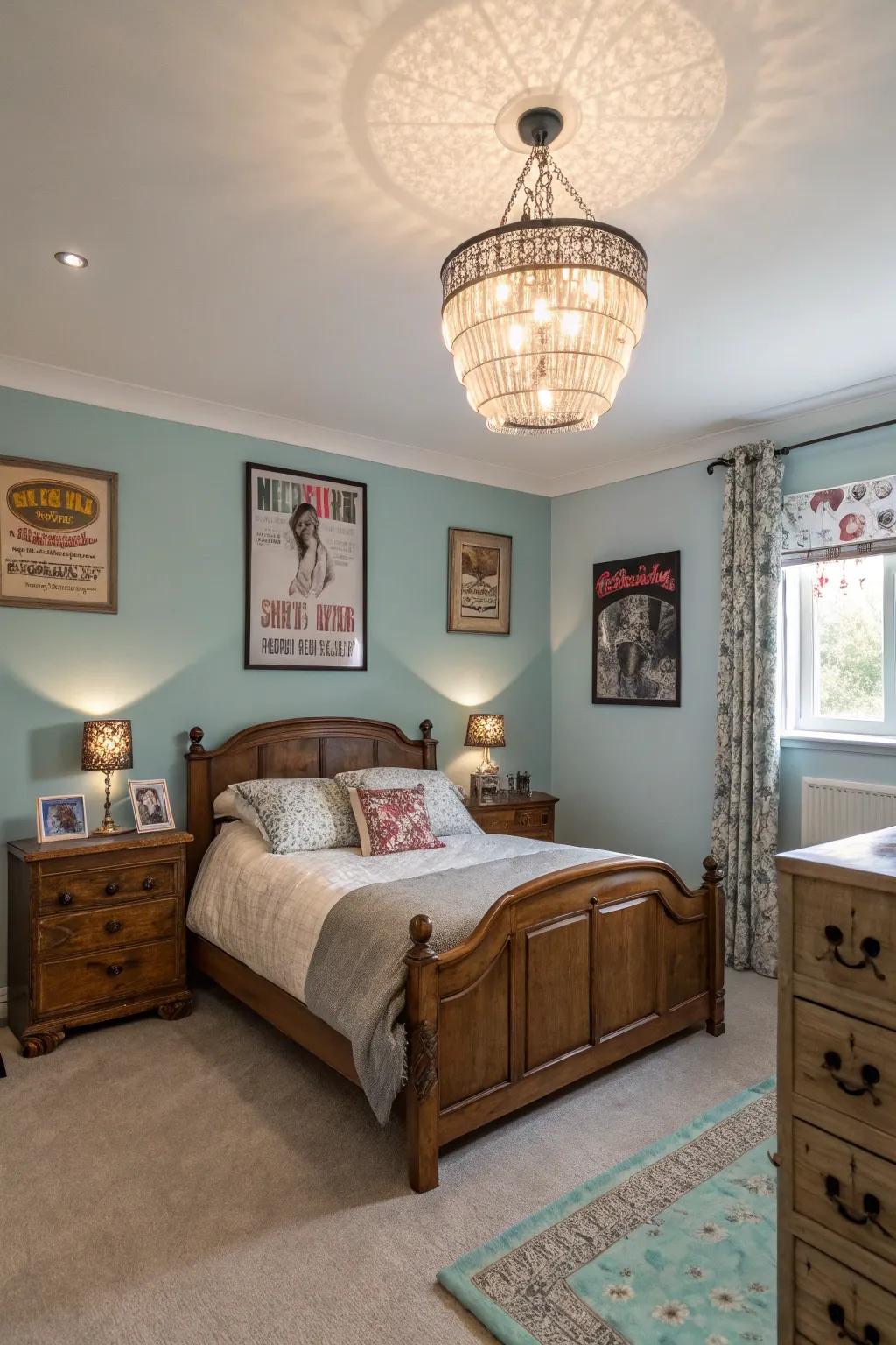 A blend of vintage and modern elements creates a balanced and stylish bedroom.