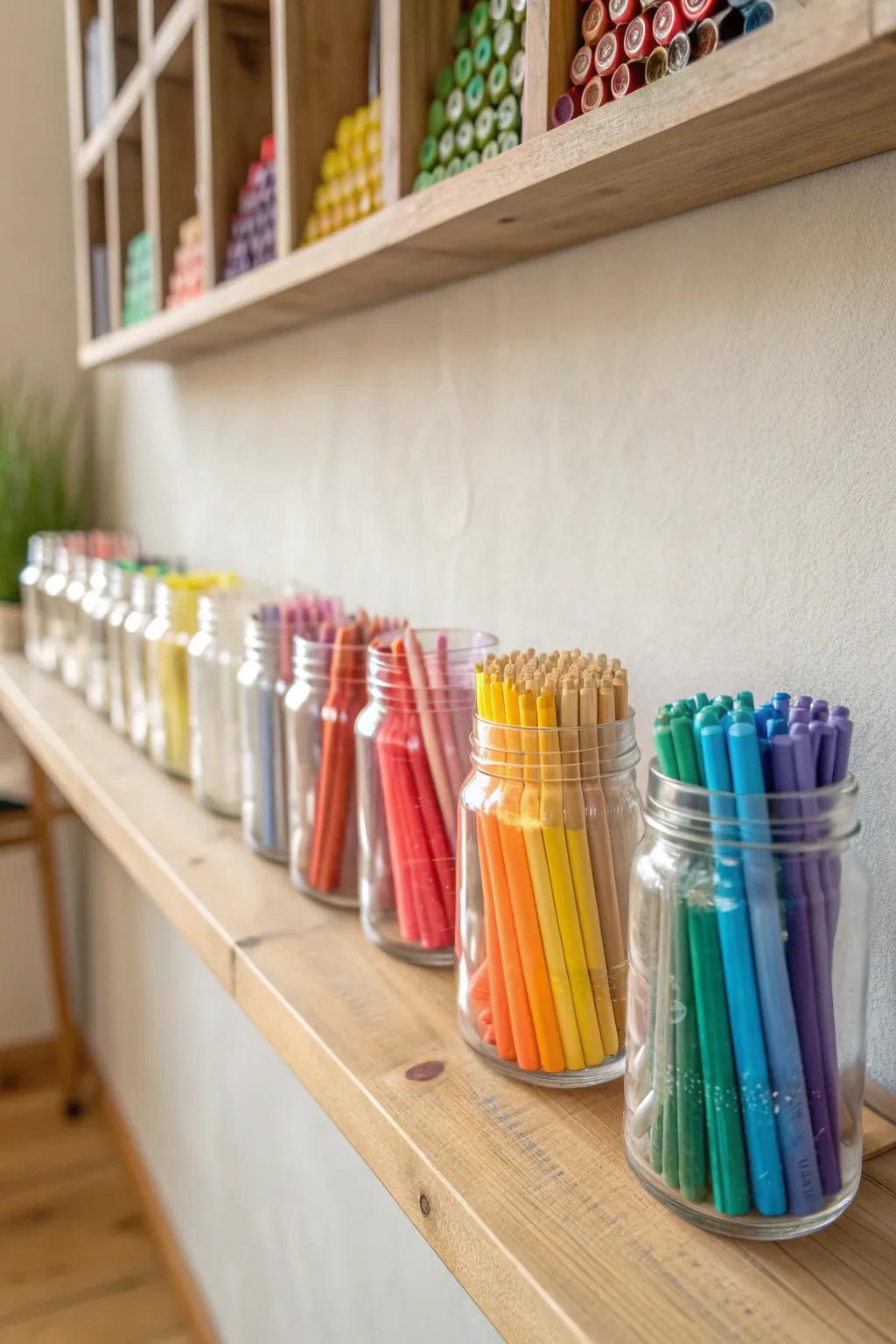 Organize your creative space with a touch of Scandinavian elegance and boho charm—glass jars filled with vibrant markers.