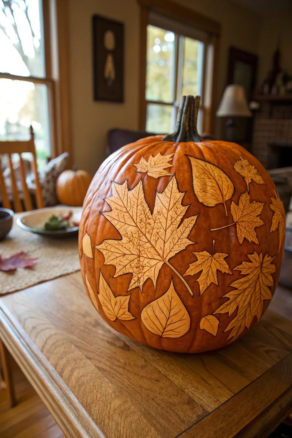 Celebrate autumn with a beautifully carved leaves pumpkin.